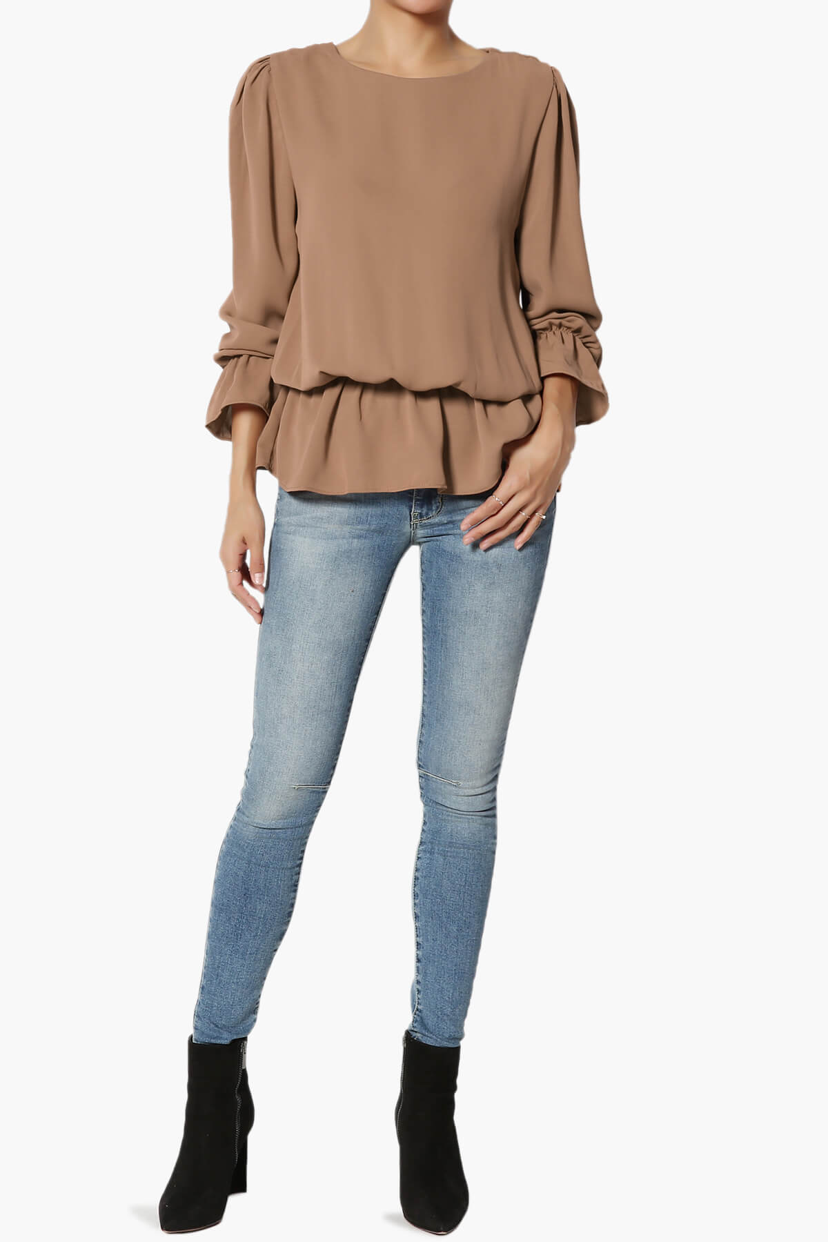 Adriel Puff Sleeve Ruffle Peplum Blouse COCOA_6