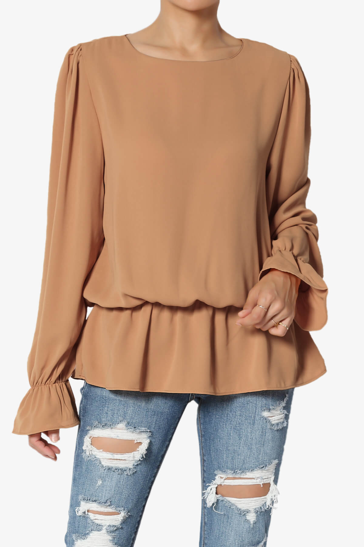 Adriel Puff Sleeve Ruffle Peplum Blouse DEEP CAMEL_1