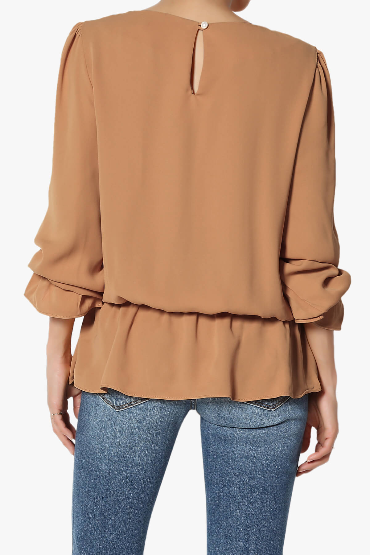 Adriel Puff Sleeve Ruffle Peplum Blouse DEEP CAMEL_2