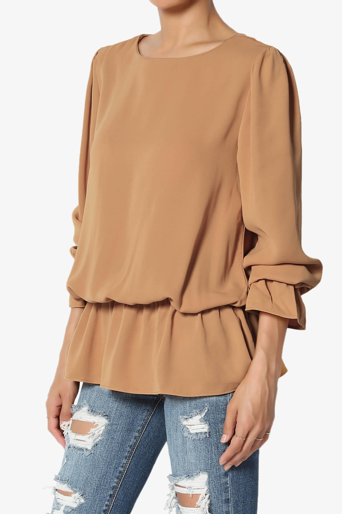 Adriel Puff Sleeve Ruffle Peplum Blouse DEEP CAMEL_3