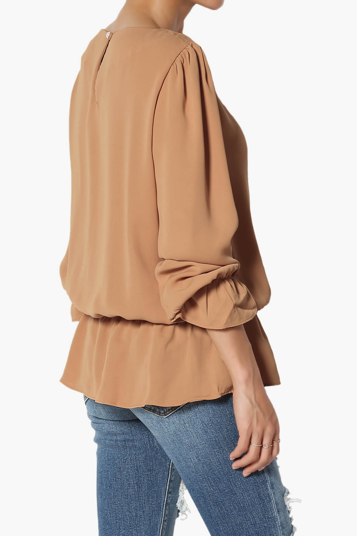 Adriel Puff Sleeve Ruffle Peplum Blouse DEEP CAMEL_4