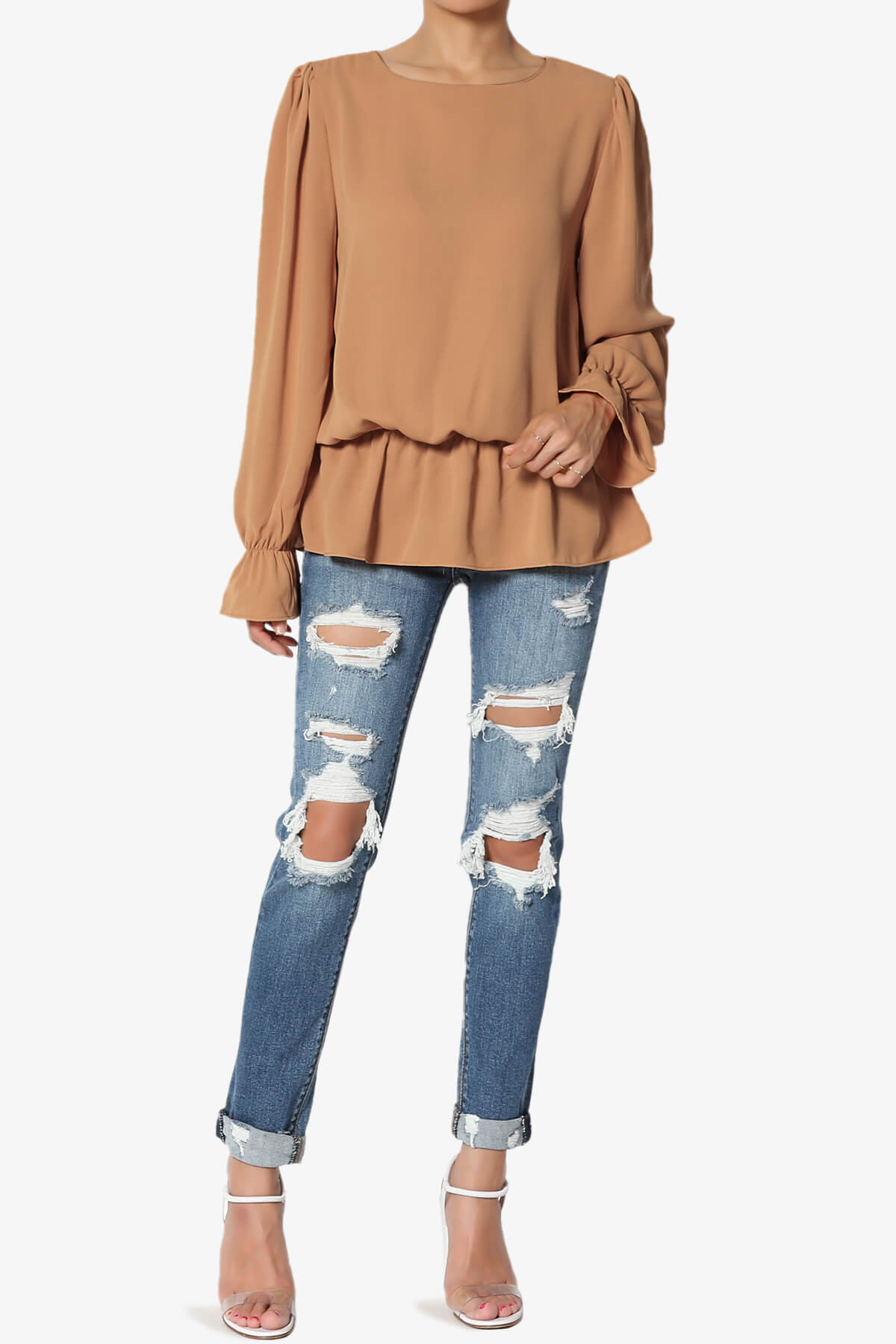 Adriel Puff Sleeve Ruffle Peplum Blouse DEEP CAMEL_6