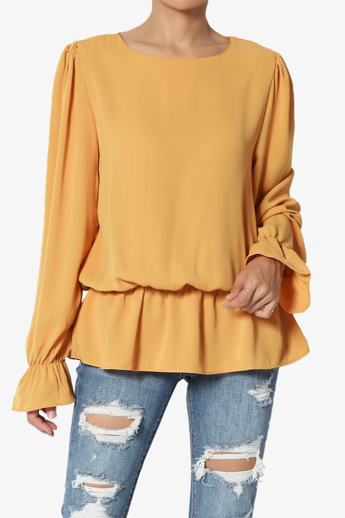 Adriel Puff Sleeve Ruffle Peplum Blouse GOLDEN MUSTARD_1