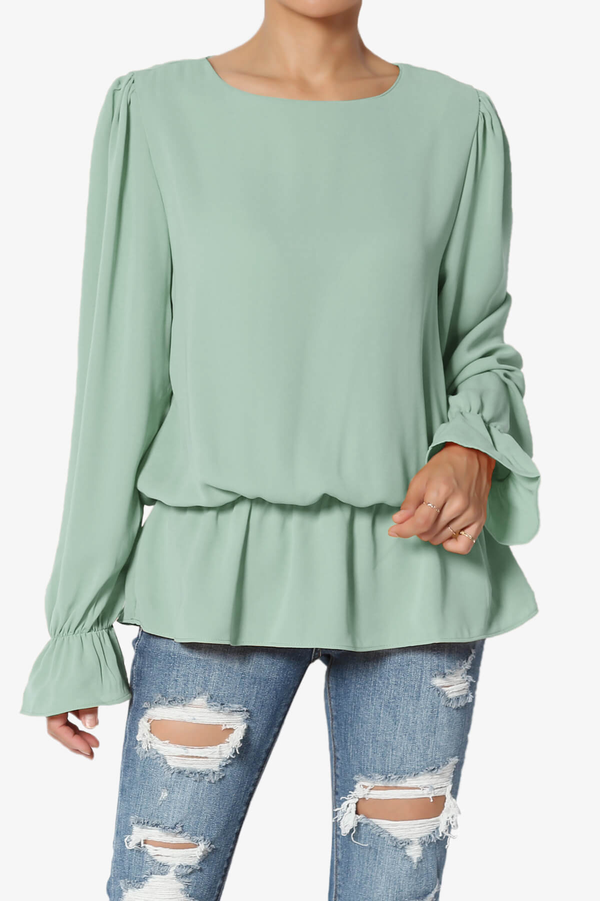 Adriel Puff Sleeve Ruffle Peplum Blouse LIGHT GREEN_1