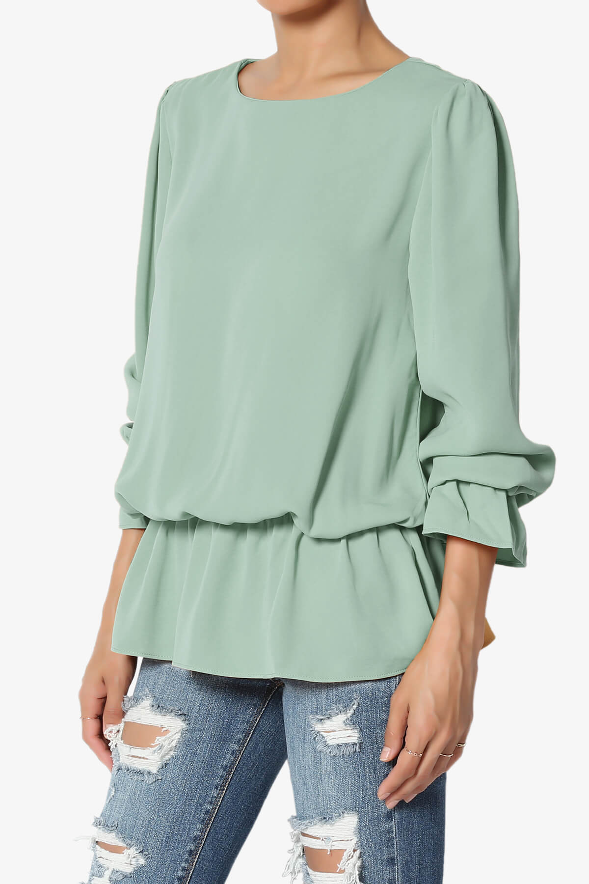 Adriel Puff Sleeve Ruffle Peplum Blouse LIGHT GREEN_3