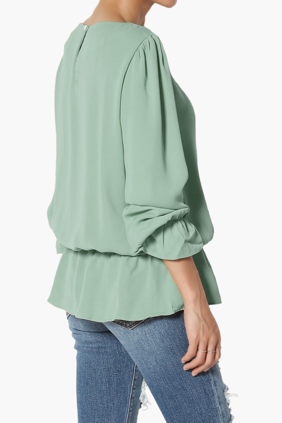 Adriel Puff Sleeve Ruffle Peplum Blouse LIGHT GREEN_4