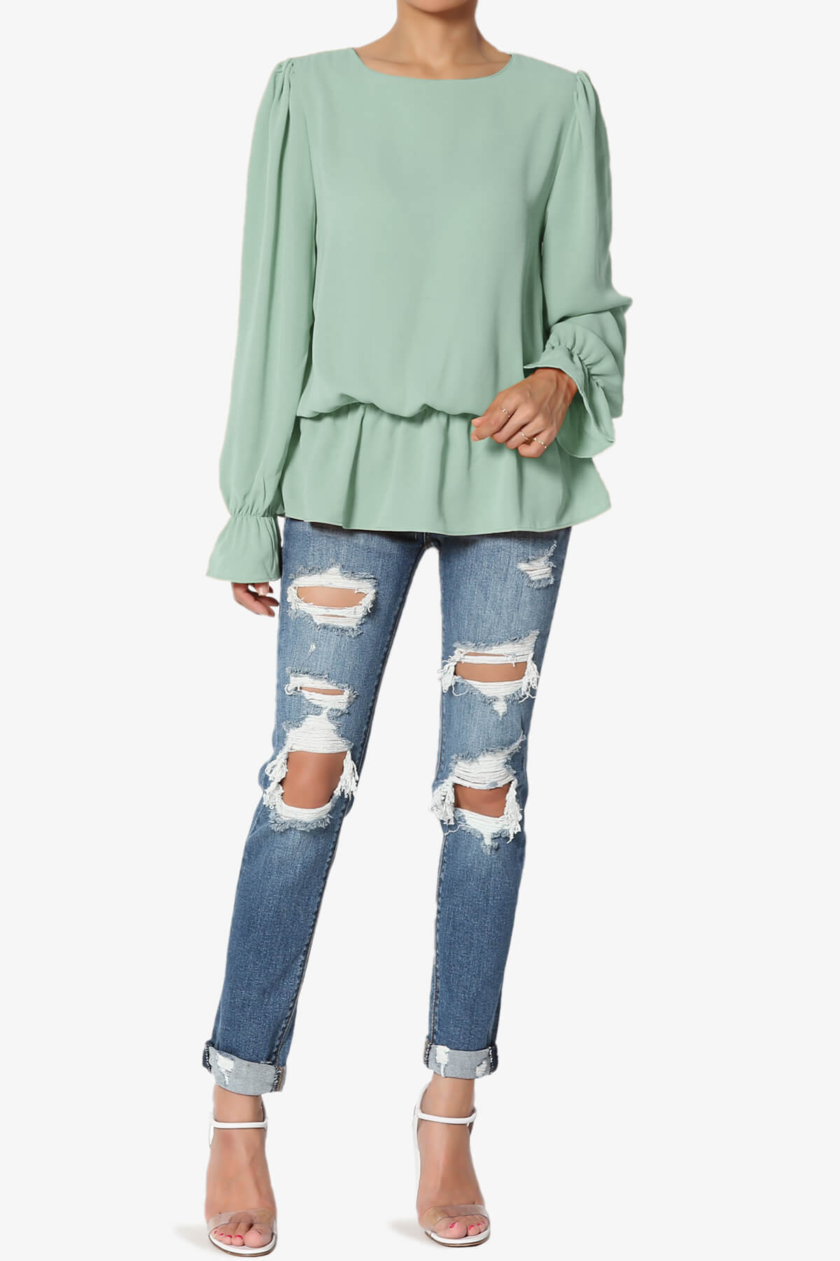 Adriel Puff Sleeve Ruffle Peplum Blouse LIGHT GREEN_6
