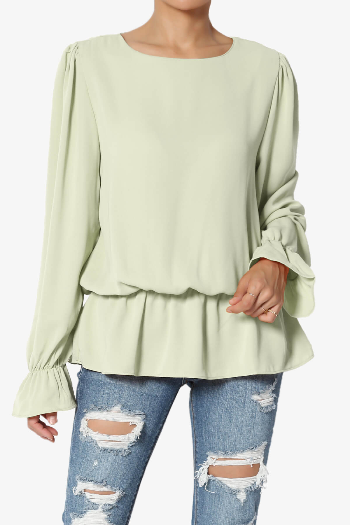 Adriel Puff Sleeve Ruffle Peplum Blouse LIGHT SAGE_1