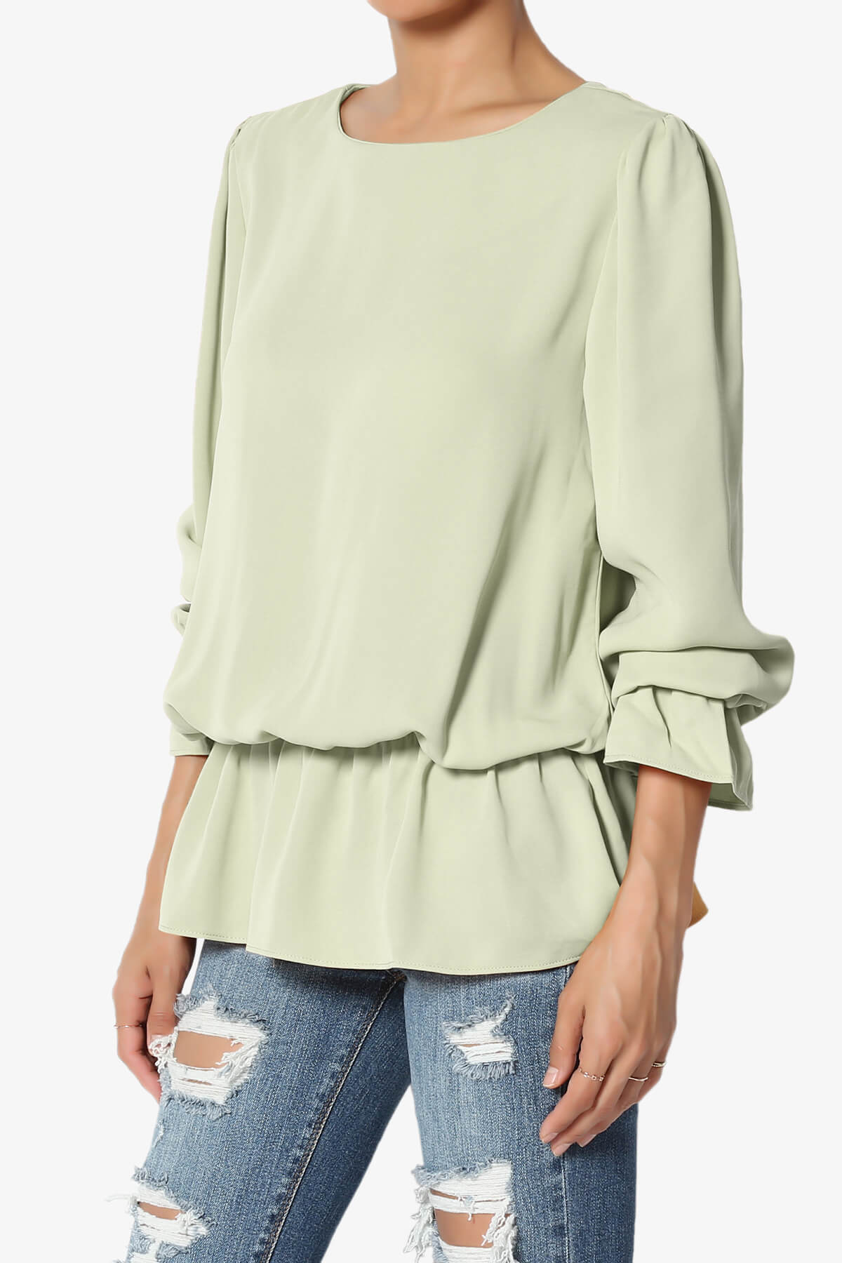 Adriel Puff Sleeve Ruffle Peplum Blouse LIGHT SAGE_3