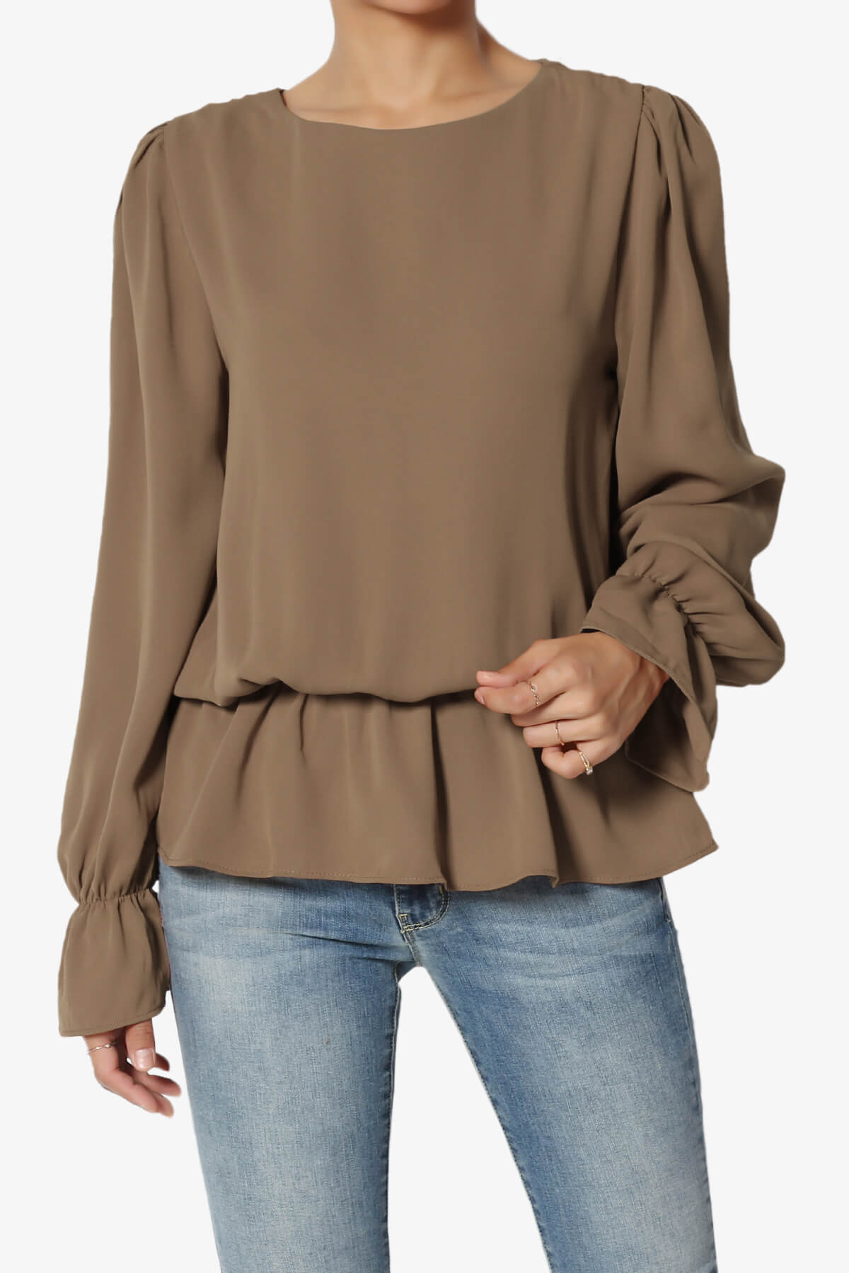 Adriel Puff Sleeve Ruffle Peplum Blouse MOCHA_1