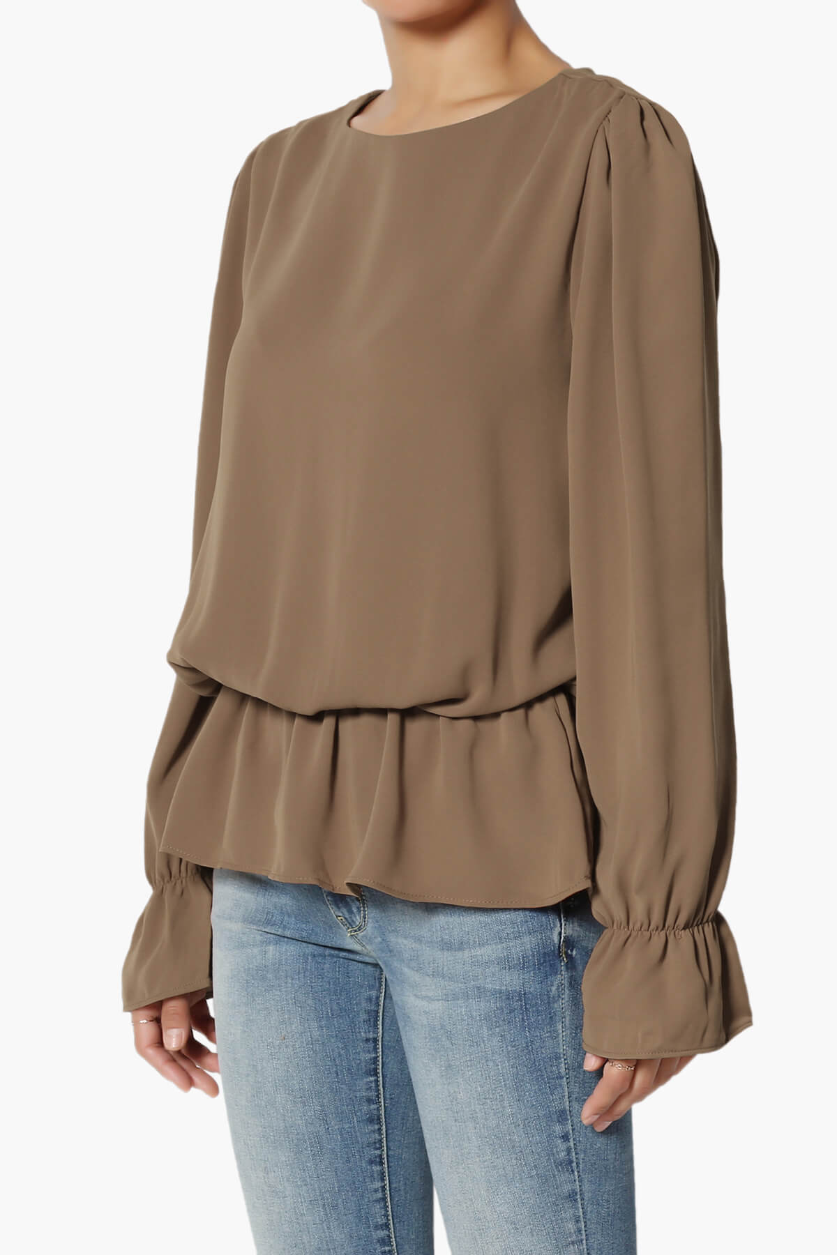 Adriel Puff Sleeve Ruffle Peplum Blouse MOCHA_3