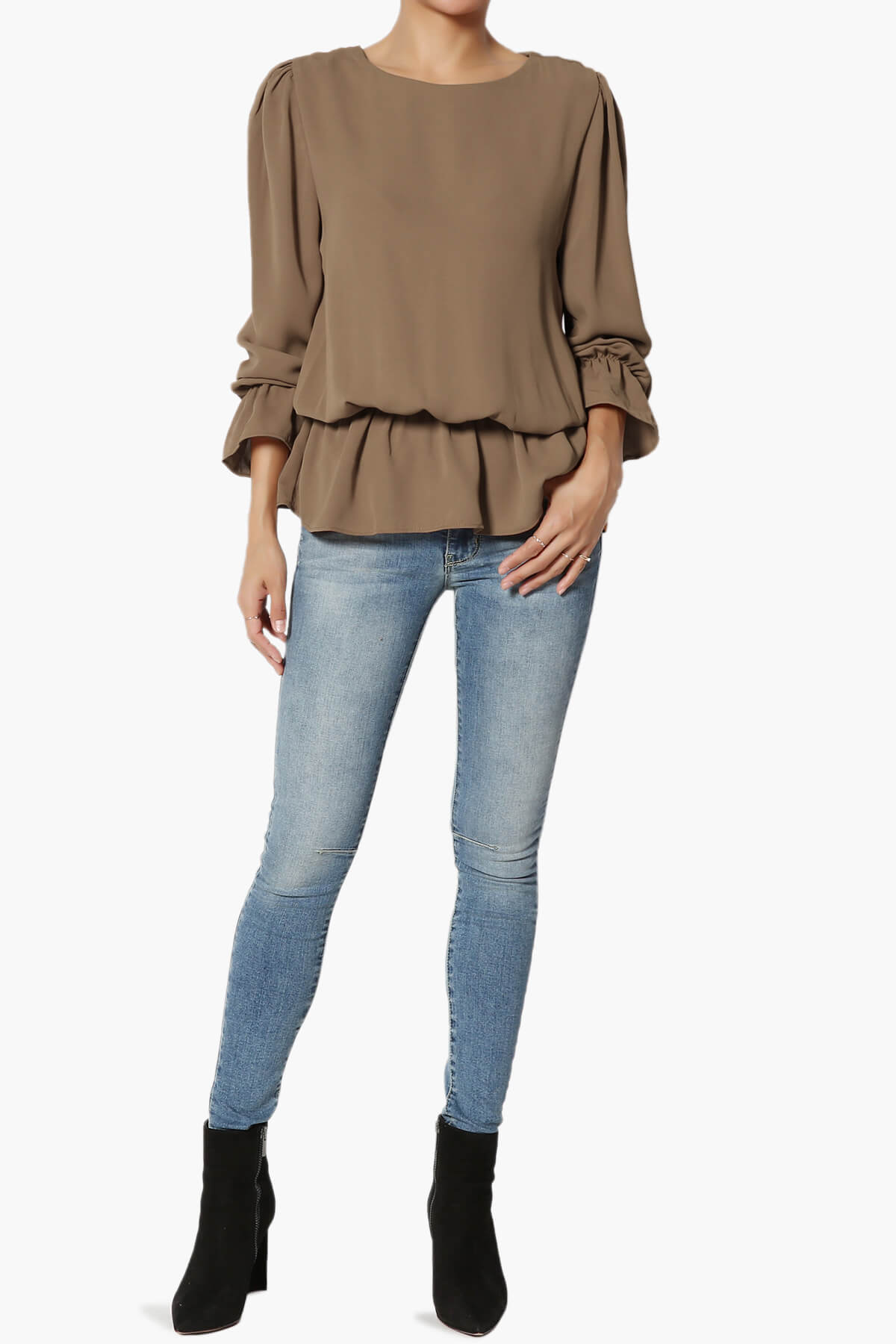 Adriel Puff Sleeve Ruffle Peplum Blouse MOCHA_6