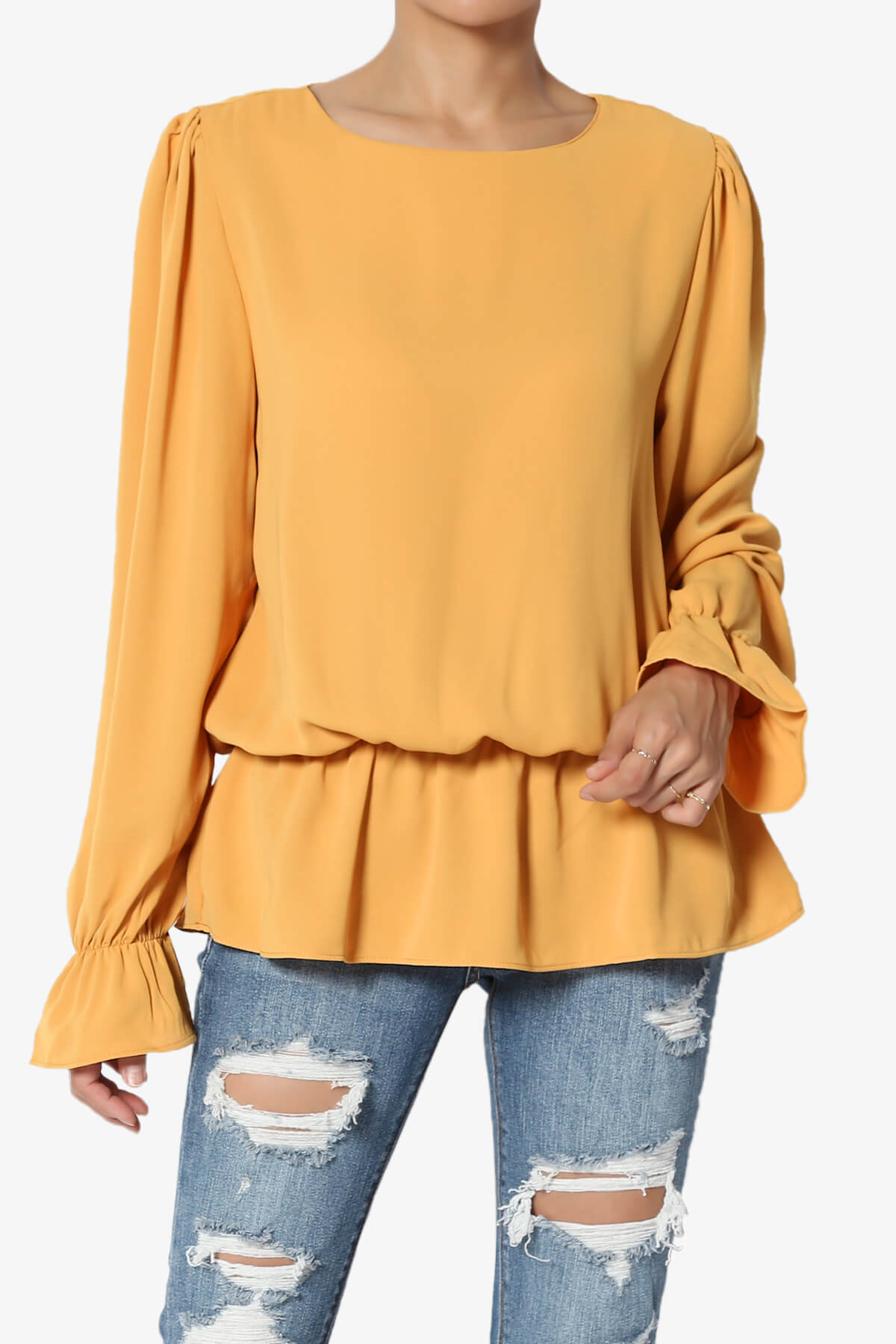 Adriel Puff Sleeve Ruffle Peplum Blouse MUSTARD_1