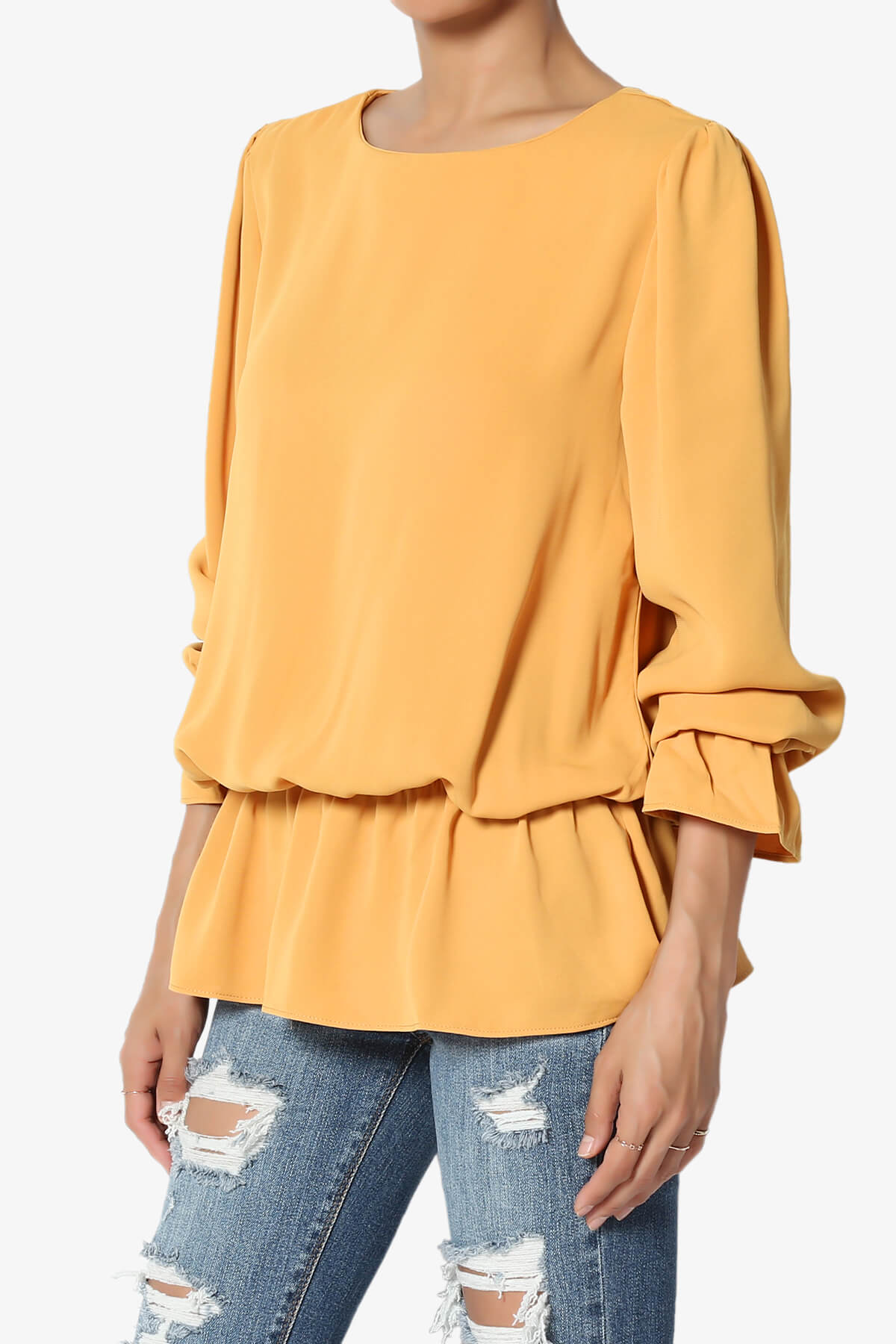 Adriel Puff Sleeve Ruffle Peplum Blouse MUSTARD_3