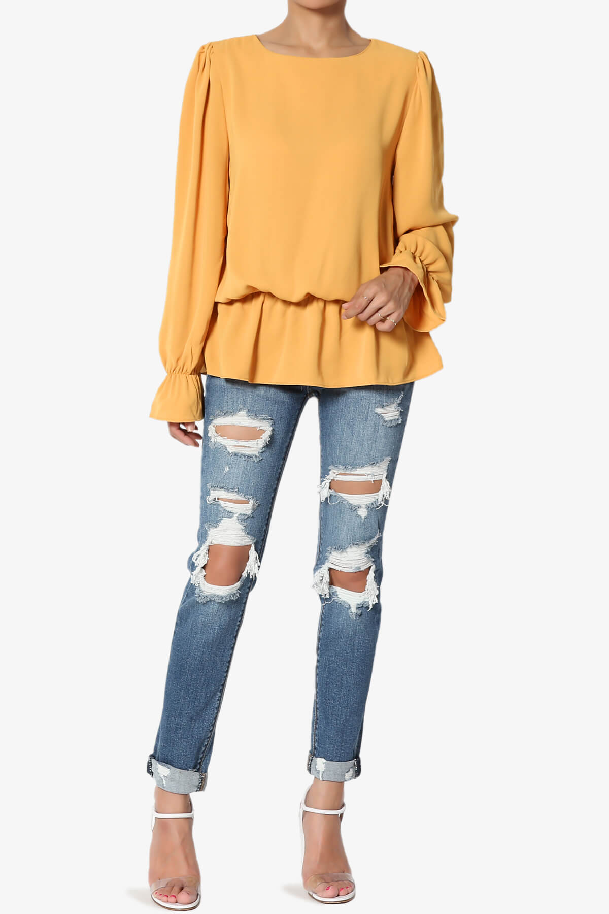 Adriel Puff Sleeve Ruffle Peplum Blouse MUSTARD_6