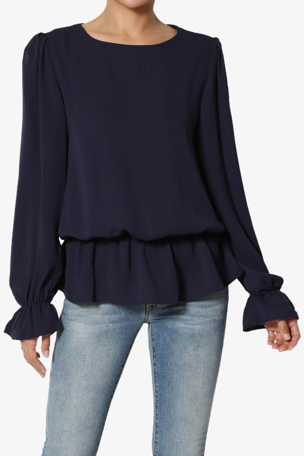 Adriel Puff Sleeve Ruffle Peplum Blouse NAVY_1