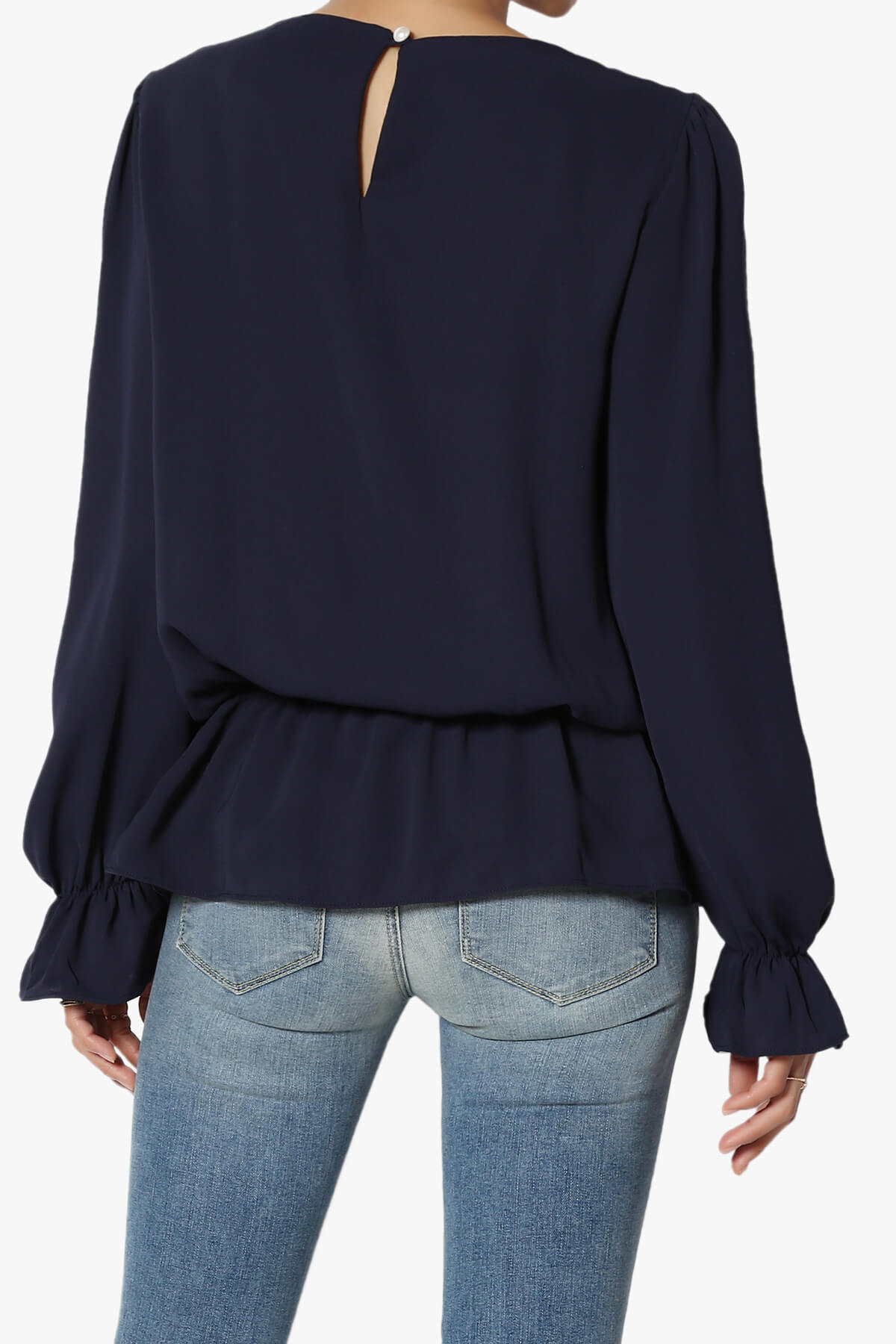 Adriel Puff Sleeve Ruffle Peplum Blouse NAVY_2