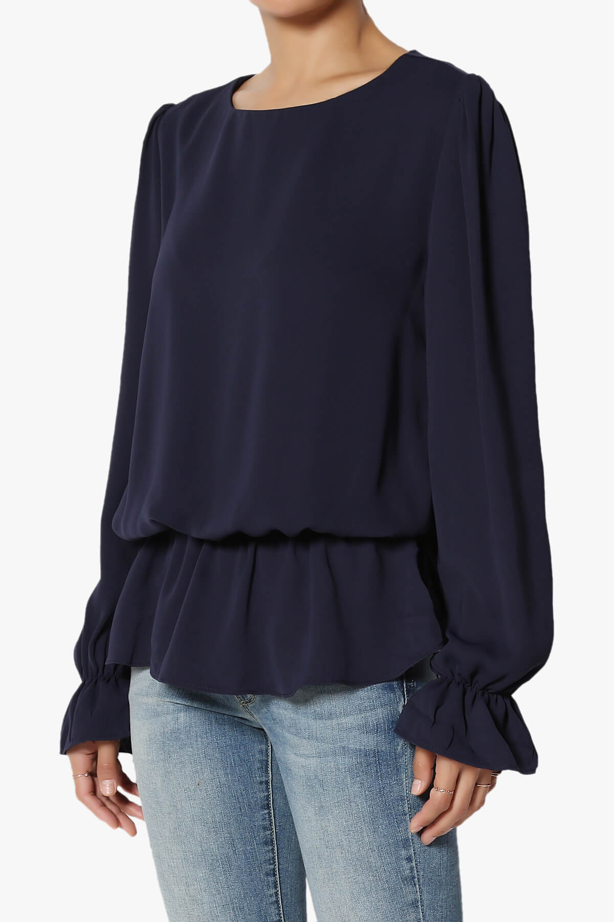 Adriel Puff Sleeve Ruffle Peplum Blouse NAVY_3