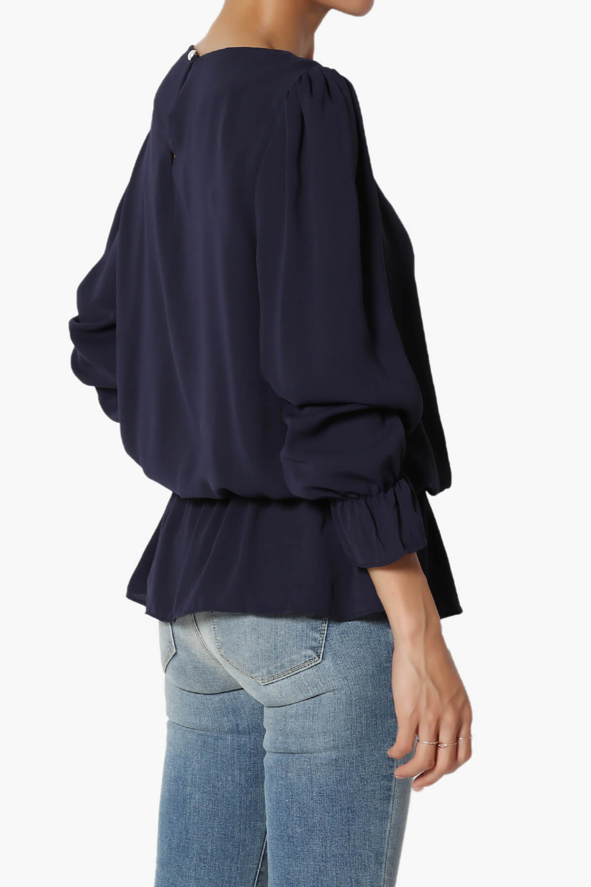 Adriel Puff Sleeve Ruffle Peplum Blouse NAVY_4