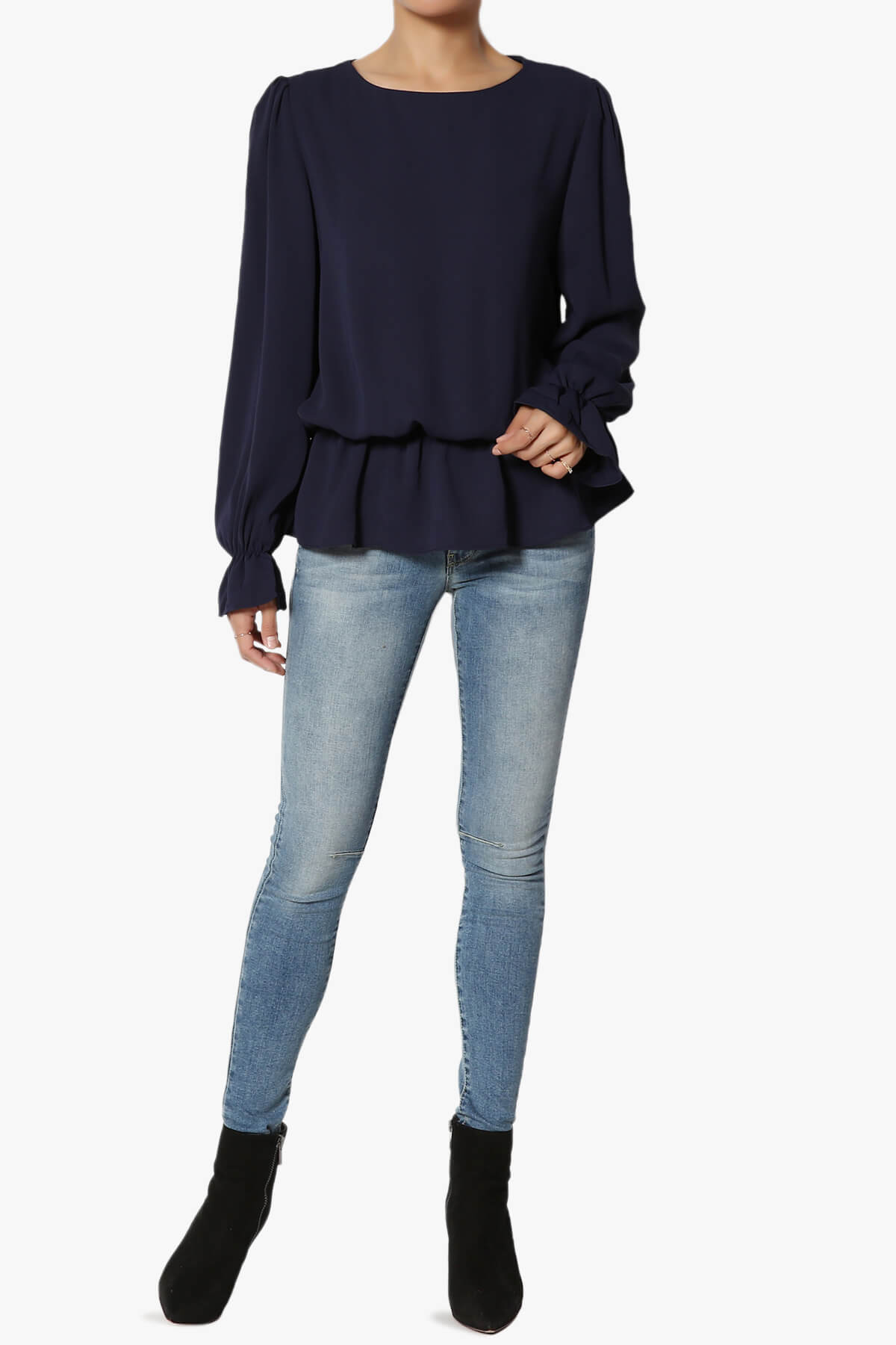 Adriel Puff Sleeve Ruffle Peplum Blouse NAVY_6
