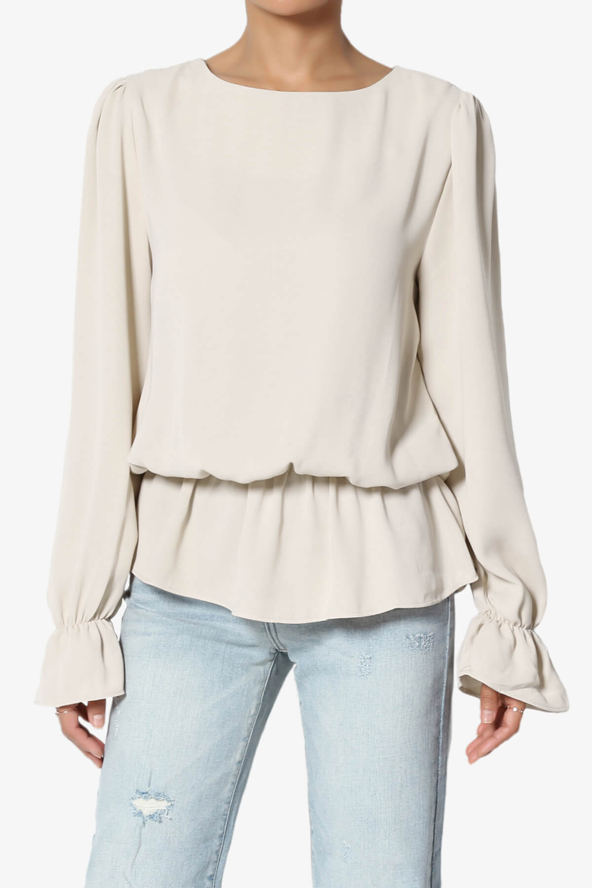 Adriel Puff Sleeve Ruffle Peplum Blouse SAND BEIGE_1