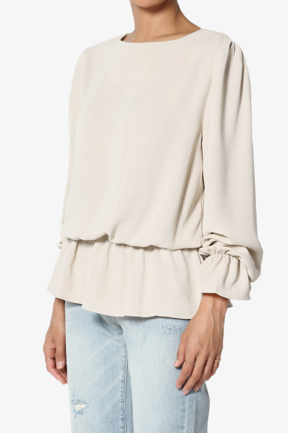 Adriel Puff Sleeve Ruffle Peplum Blouse SAND BEIGE_3