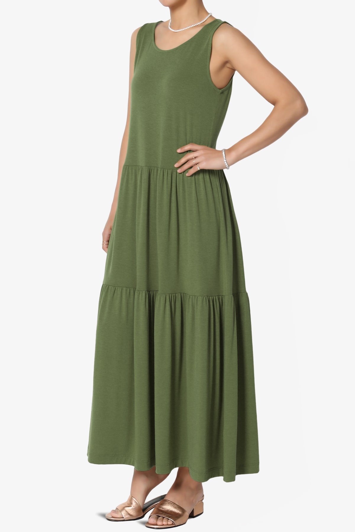 Macie Sleeveless Tiered Jersey Long Midi Dress ASH OLIVE_3
