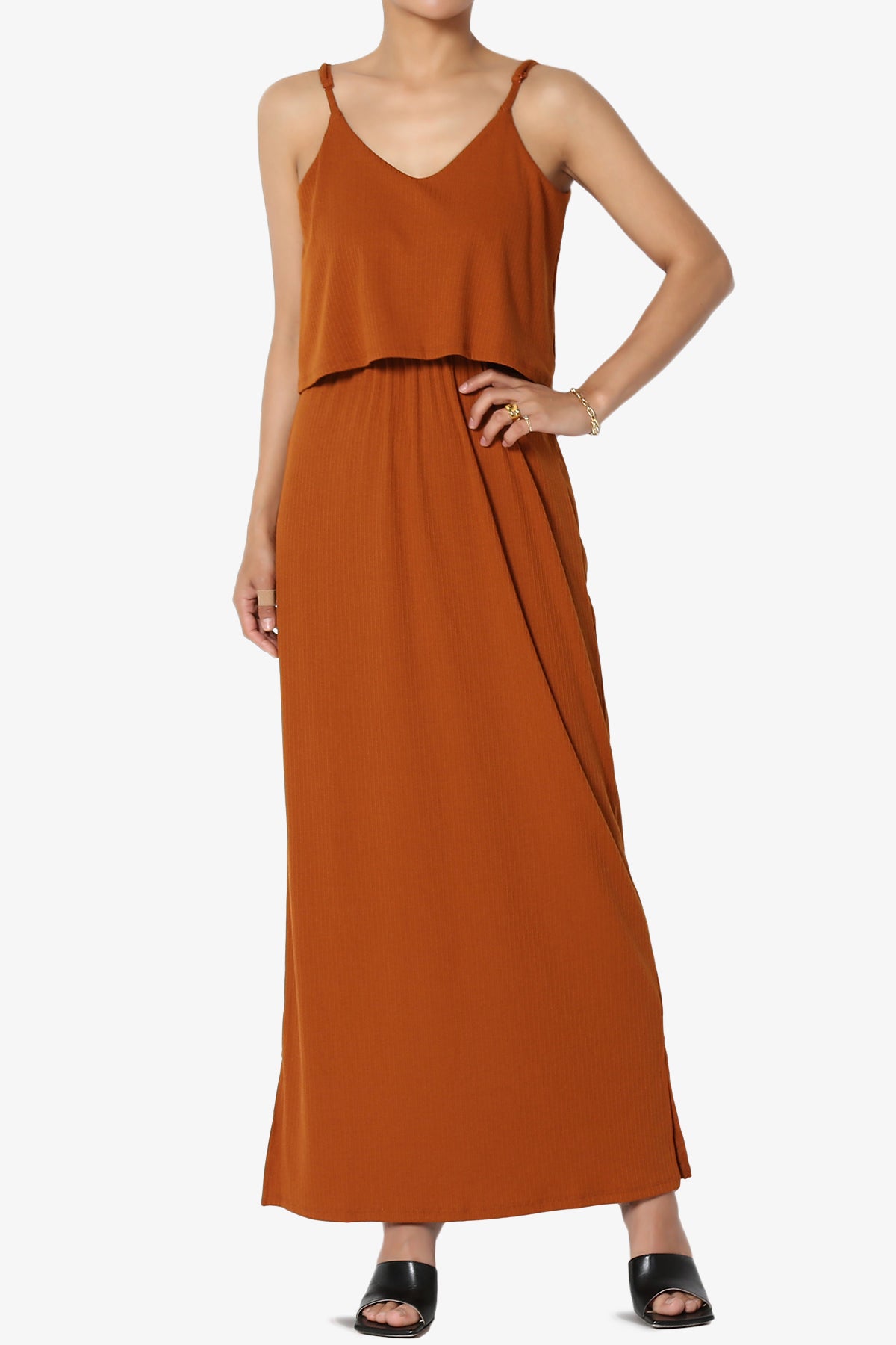 Elore Cami Overlay Ribbed Slit Maxi Dress ALMOND_1