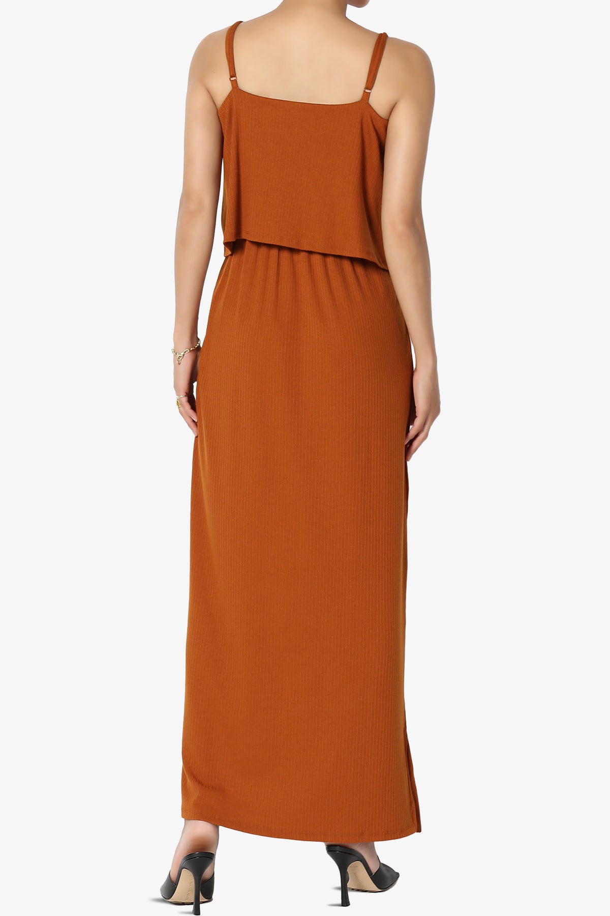 Elore Cami Overlay Ribbed Slit Maxi Dress ALMOND_2