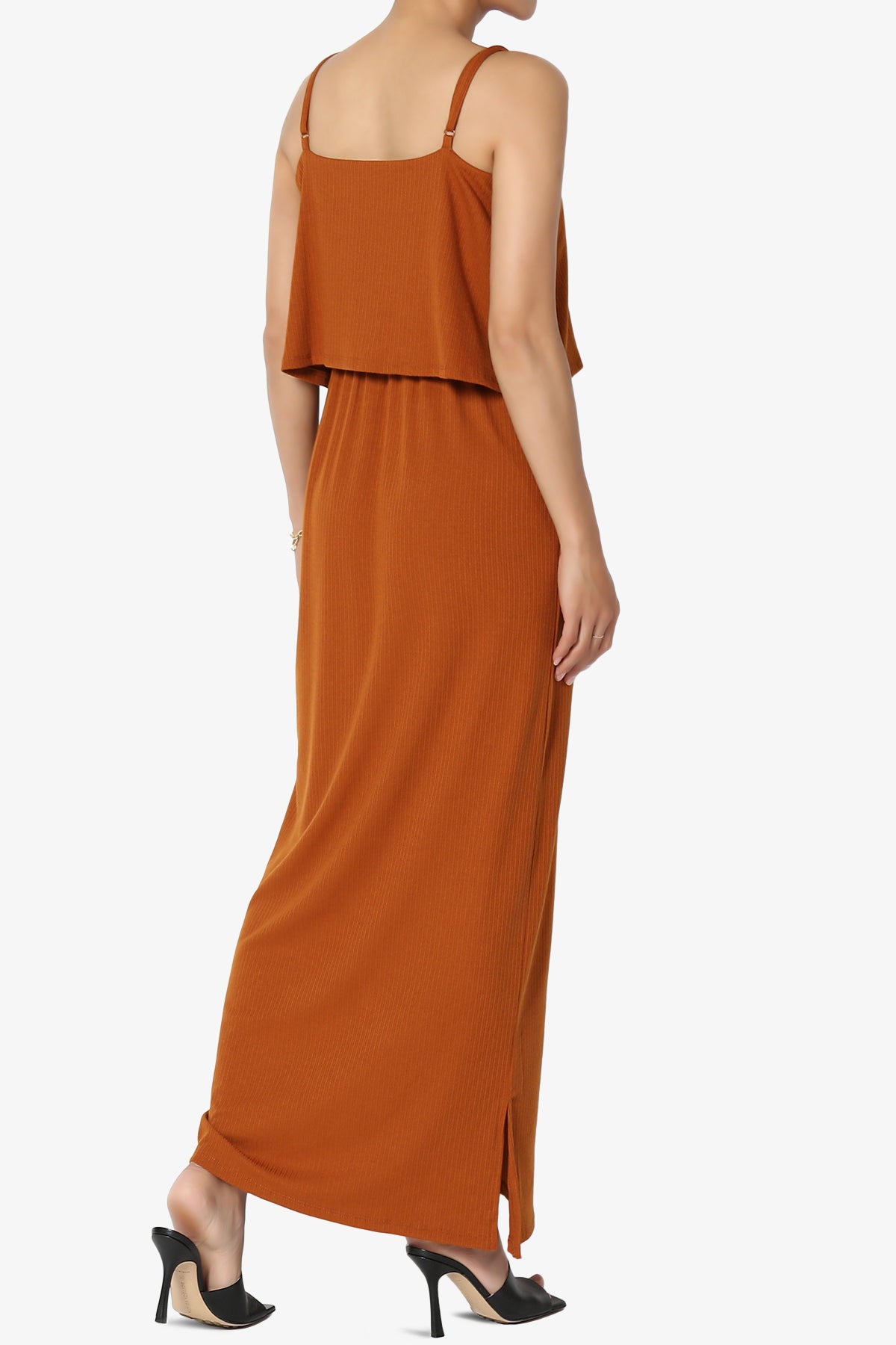Elore Cami Overlay Ribbed Slit Maxi Dress ALMOND_4