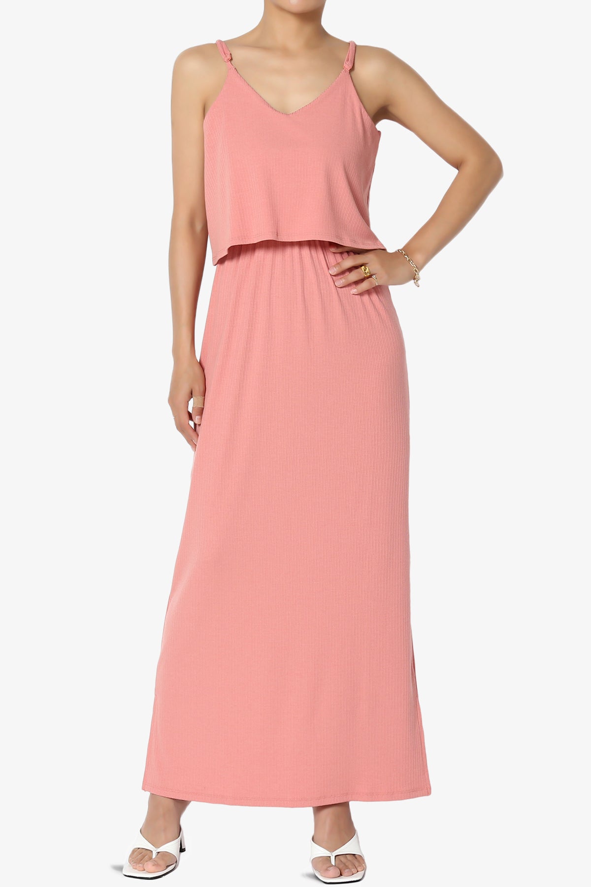 Elore Cami Overlay Ribbed Slit Maxi Dress ASH ROSE_1