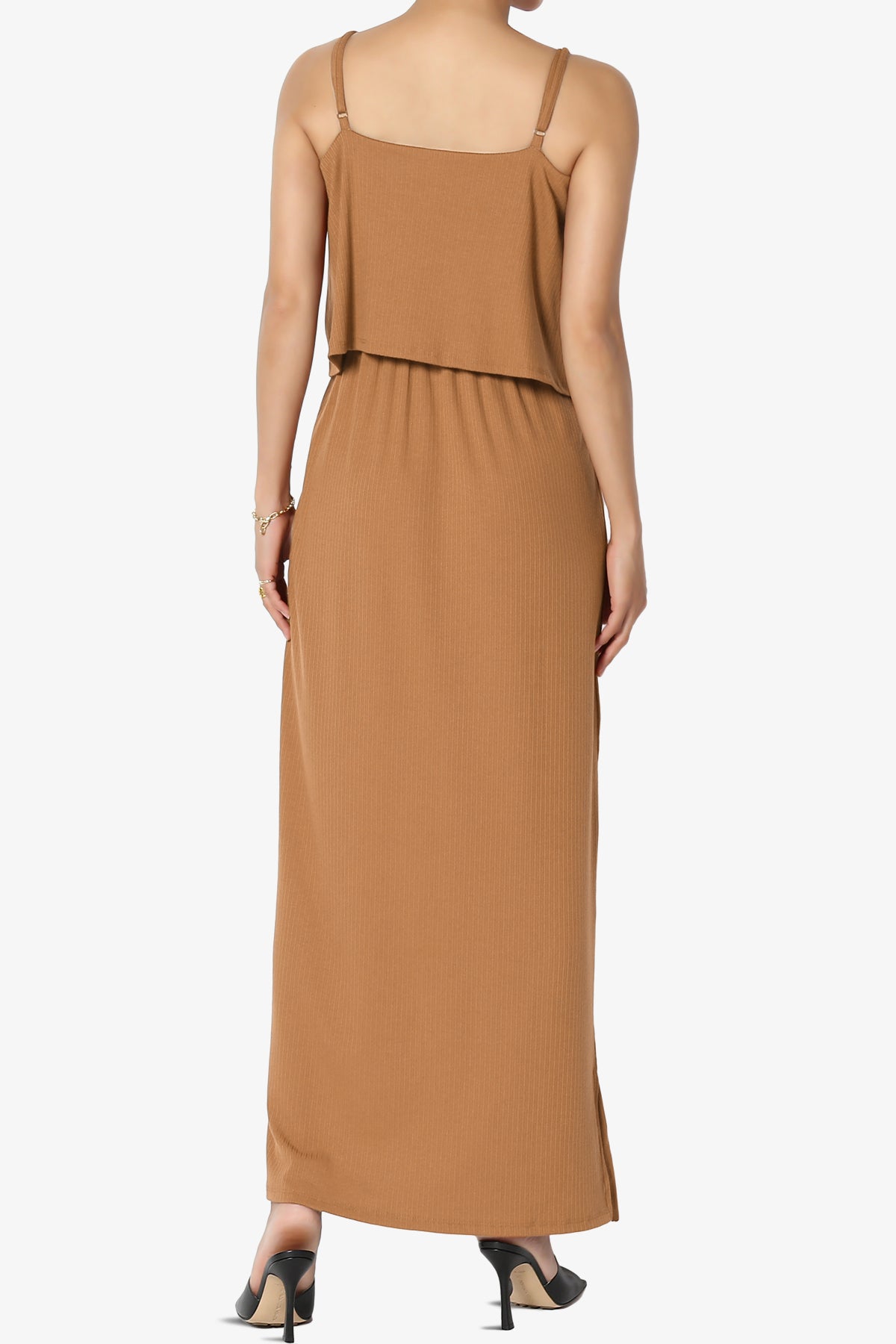 Elore Cami Overlay Ribbed Slit Maxi Dress DEEP CAMEL_2