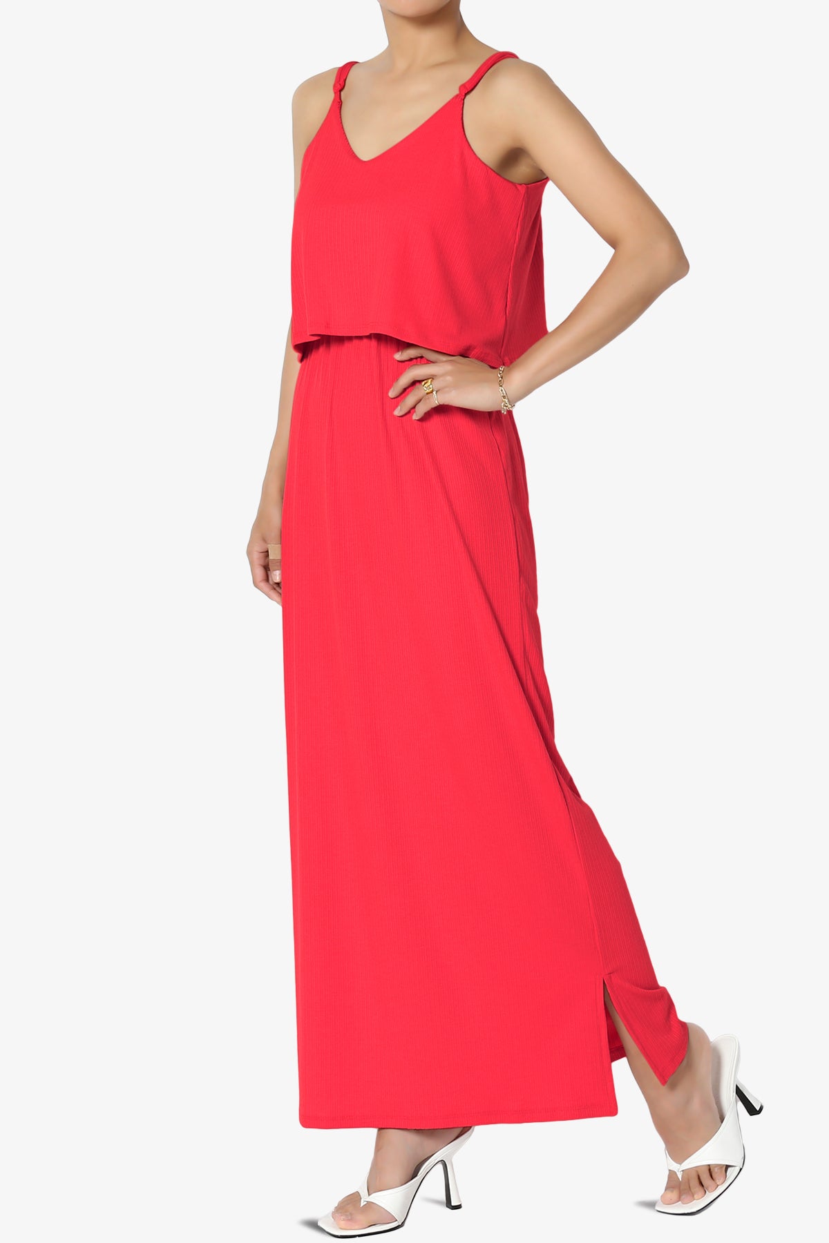 Elore Cami Overlay Ribbed Slit Maxi Dress RED_3