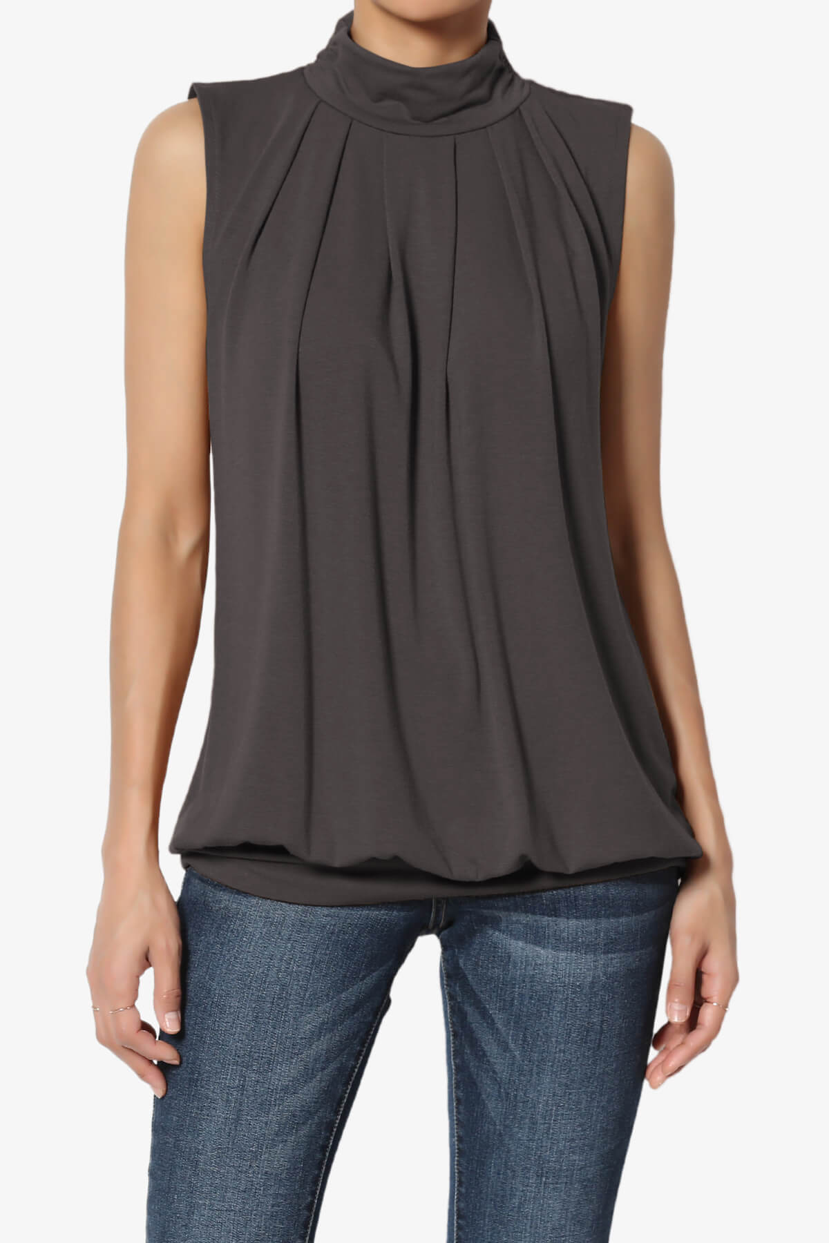 Jibbitz Sleeveless Mock Neck Pleated Top ASH GREY_1