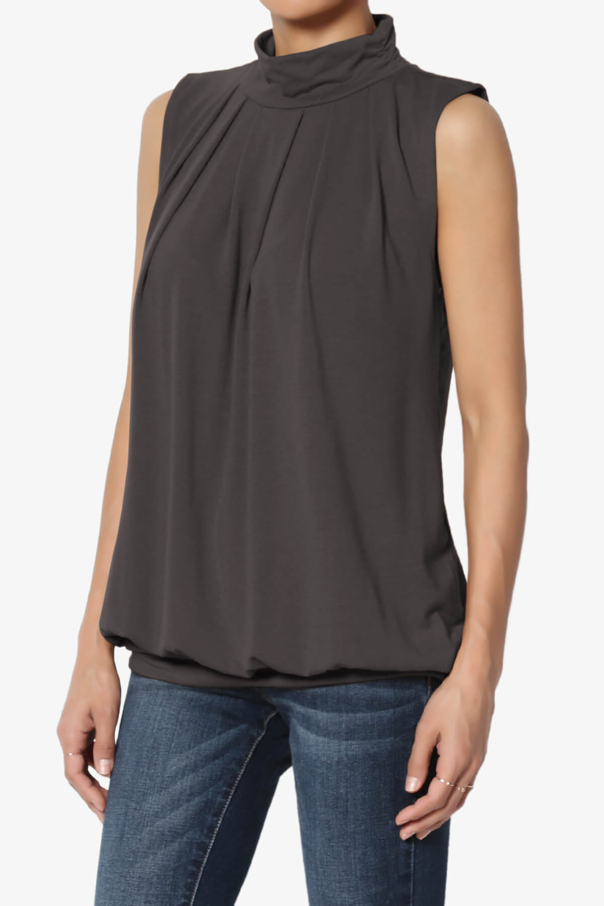 Jibbitz Sleeveless Mock Neck Pleated Top ASH GREY_3