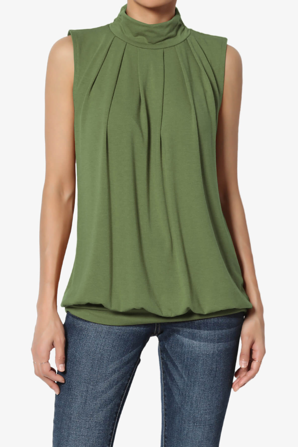 Jibbitz Sleeveless Mock Neck Pleated Top ASH OLIVE_1