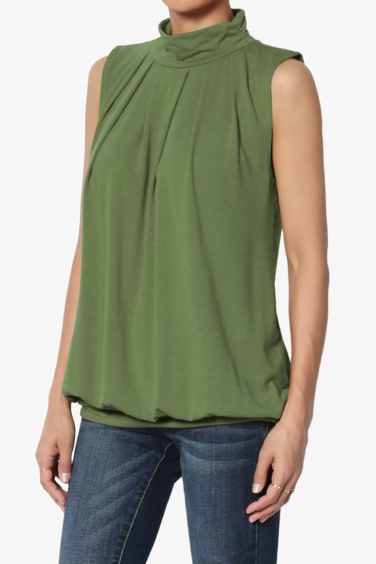 Jibbitz Sleeveless Mock Neck Pleated Top ASH OLIVE_3