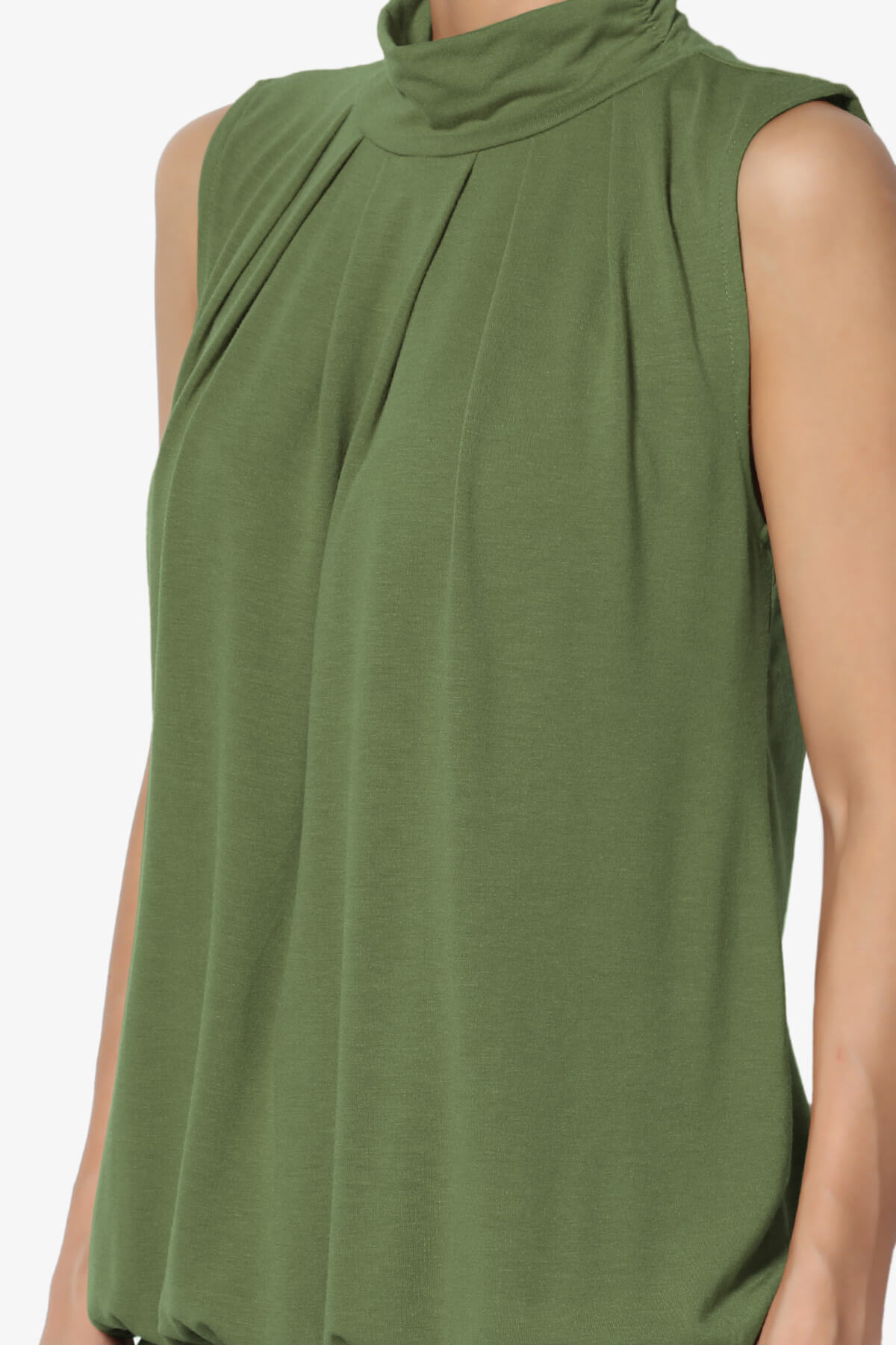 Jibbitz Sleeveless Mock Neck Pleated Top ASH OLIVE_5