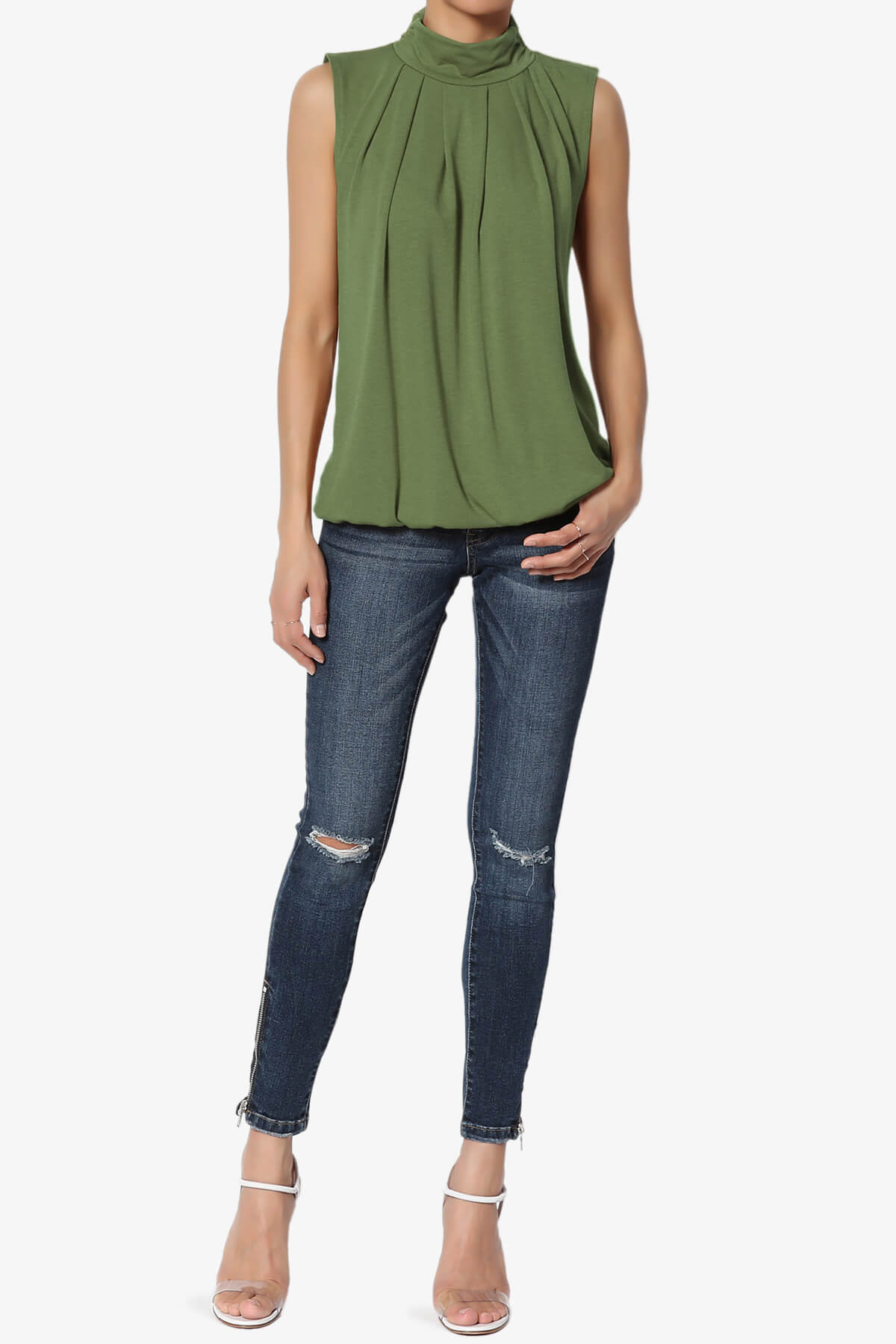 Jibbitz Sleeveless Mock Neck Pleated Top ASH OLIVE_6