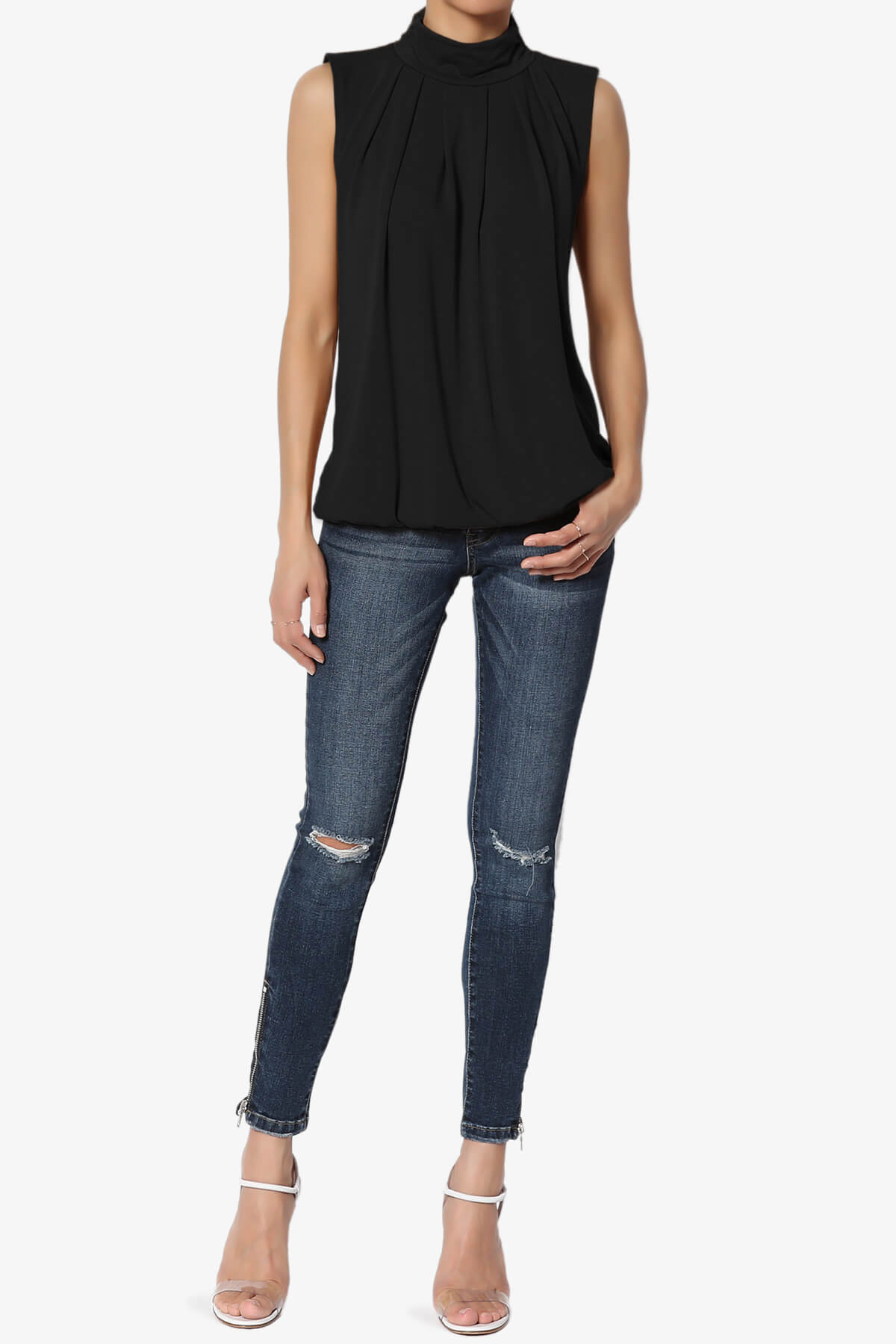 Jibbitz Sleeveless Mock Neck Pleated Top BLACK_6