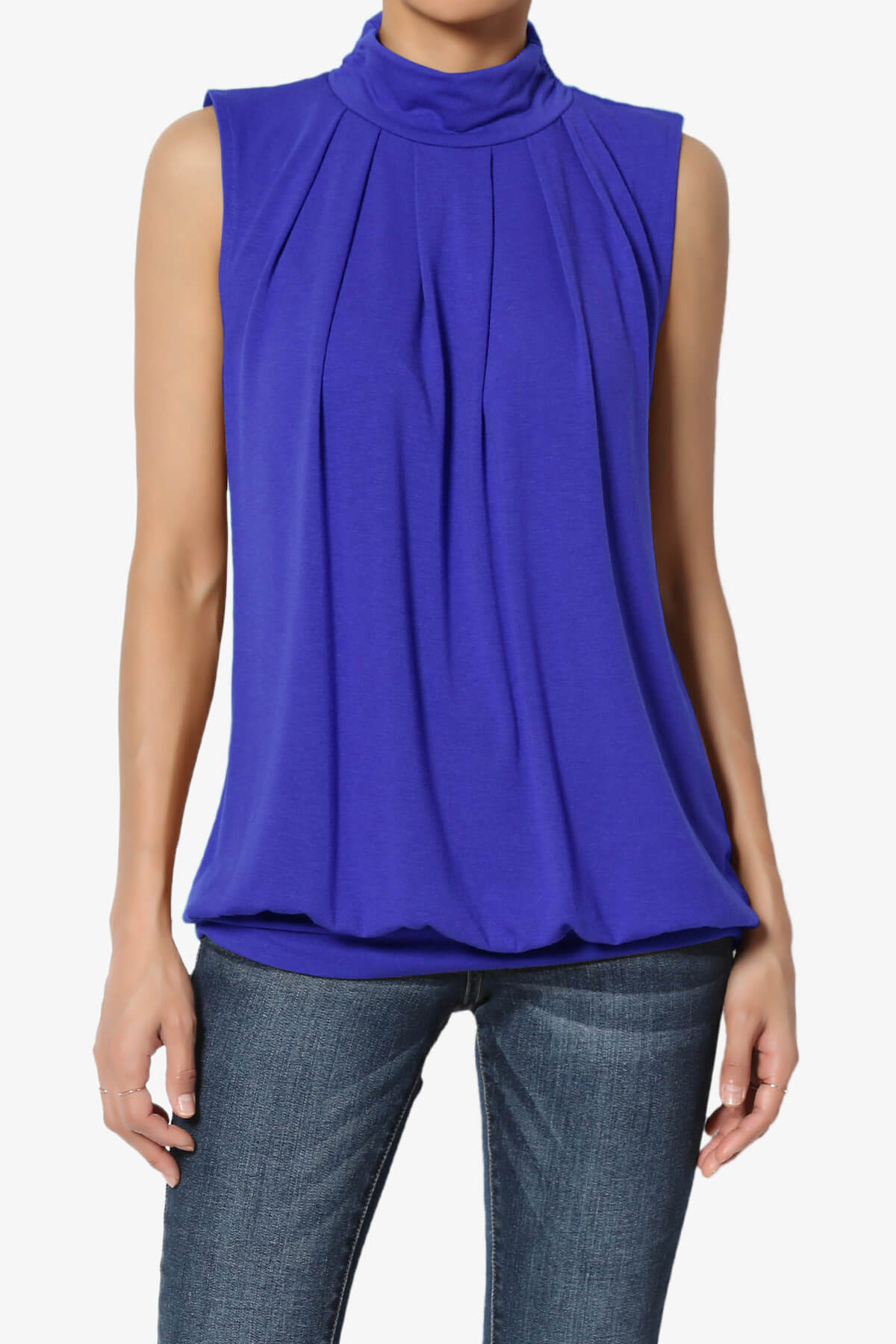 Jibbitz Sleeveless Mock Neck Pleated Top BRIGHT BLUE_1
