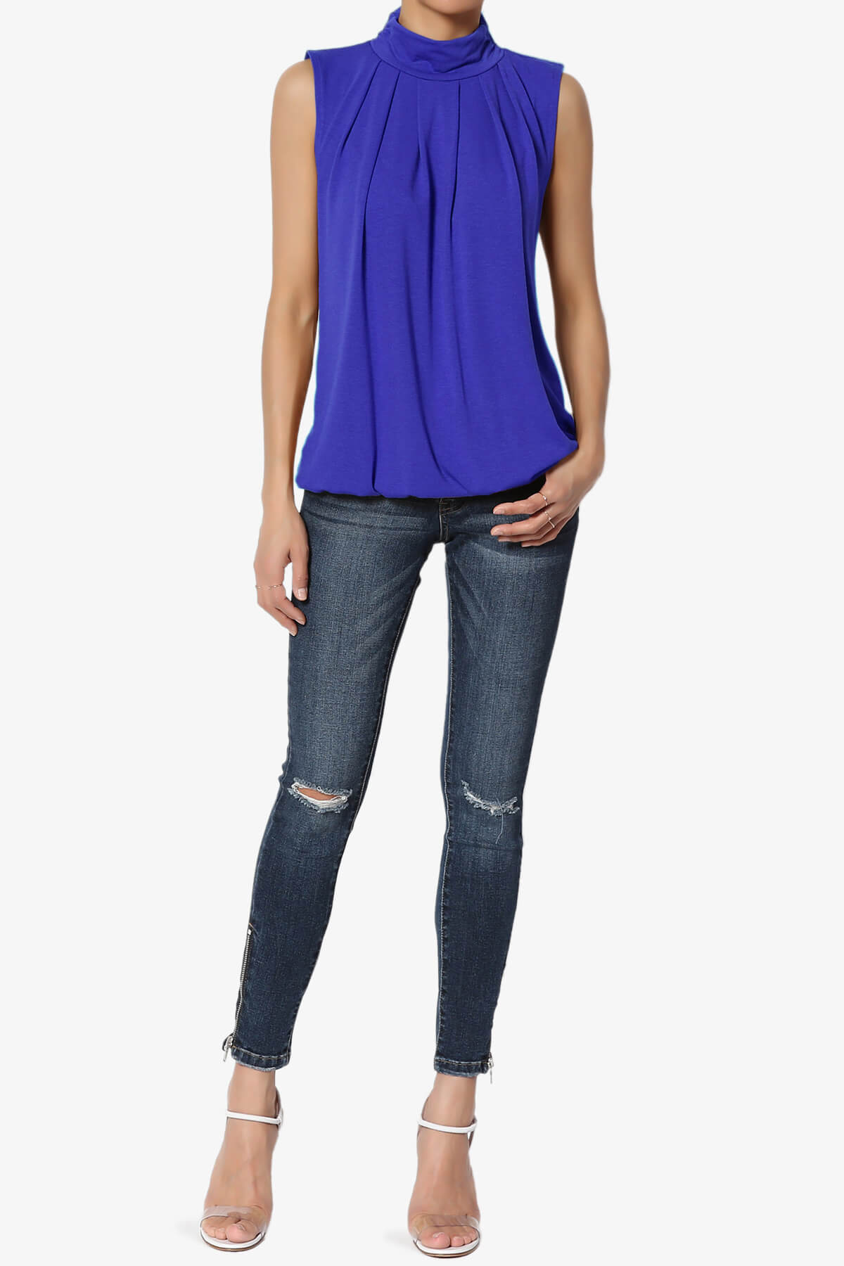 Jibbitz Sleeveless Mock Neck Pleated Top BRIGHT BLUE_6