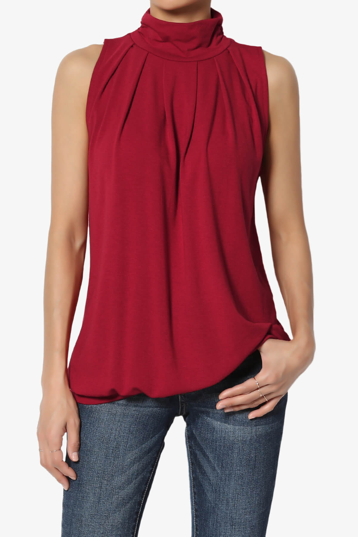 Jibbitz Sleeveless Mock Neck Pleated Top BURGUNDY_1