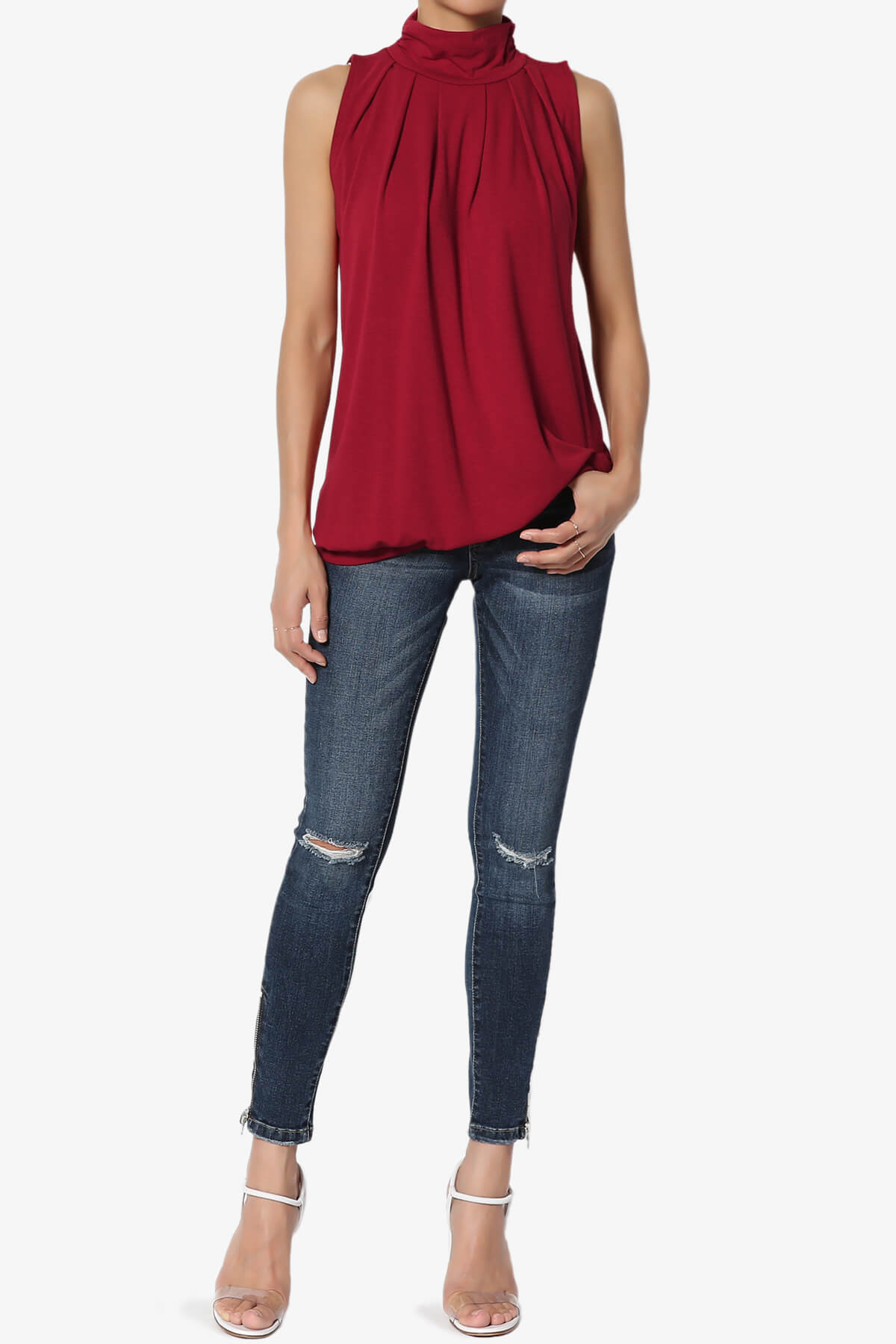Jibbitz Sleeveless Mock Neck Pleated Top BURGUNDY_6