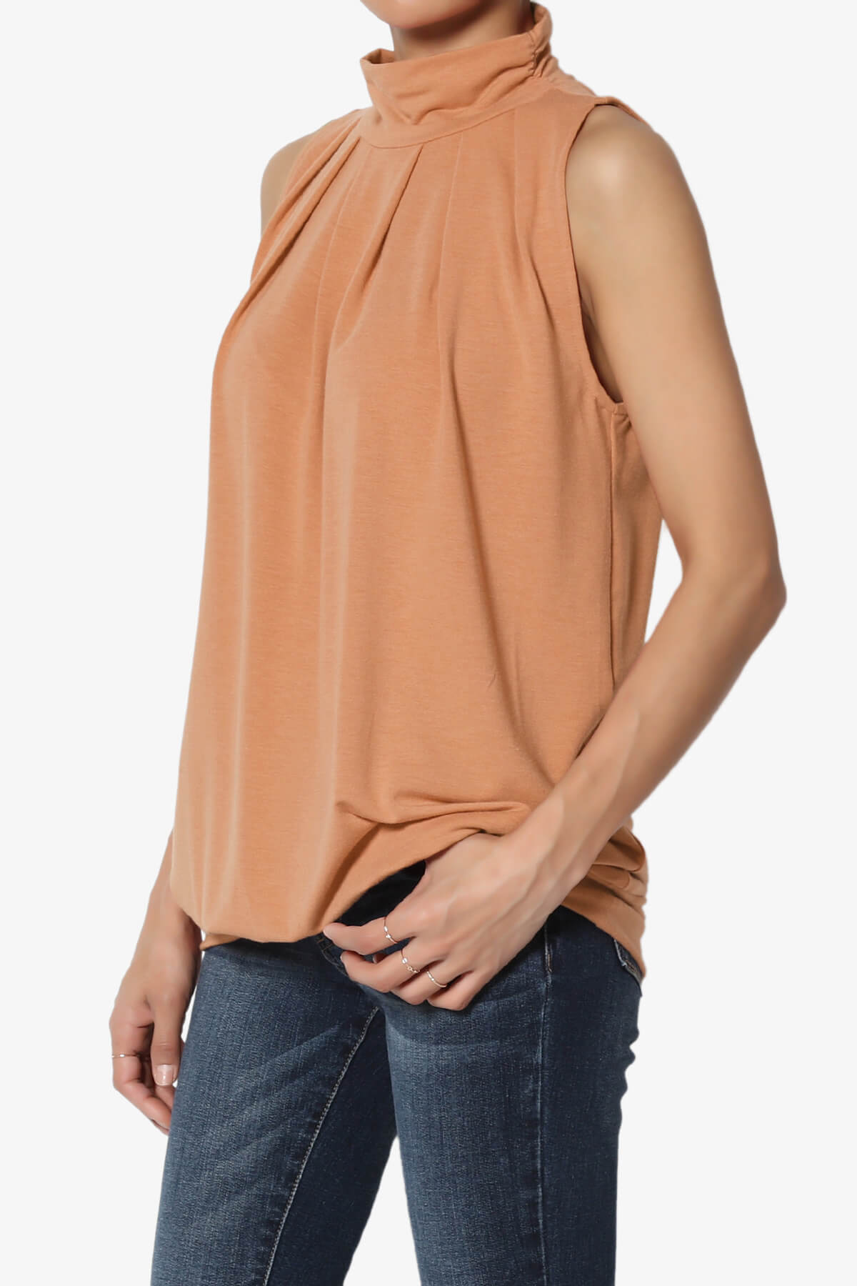 Jibbitz Sleeveless Mock Neck Pleated Top BUTTER ORANGE_3