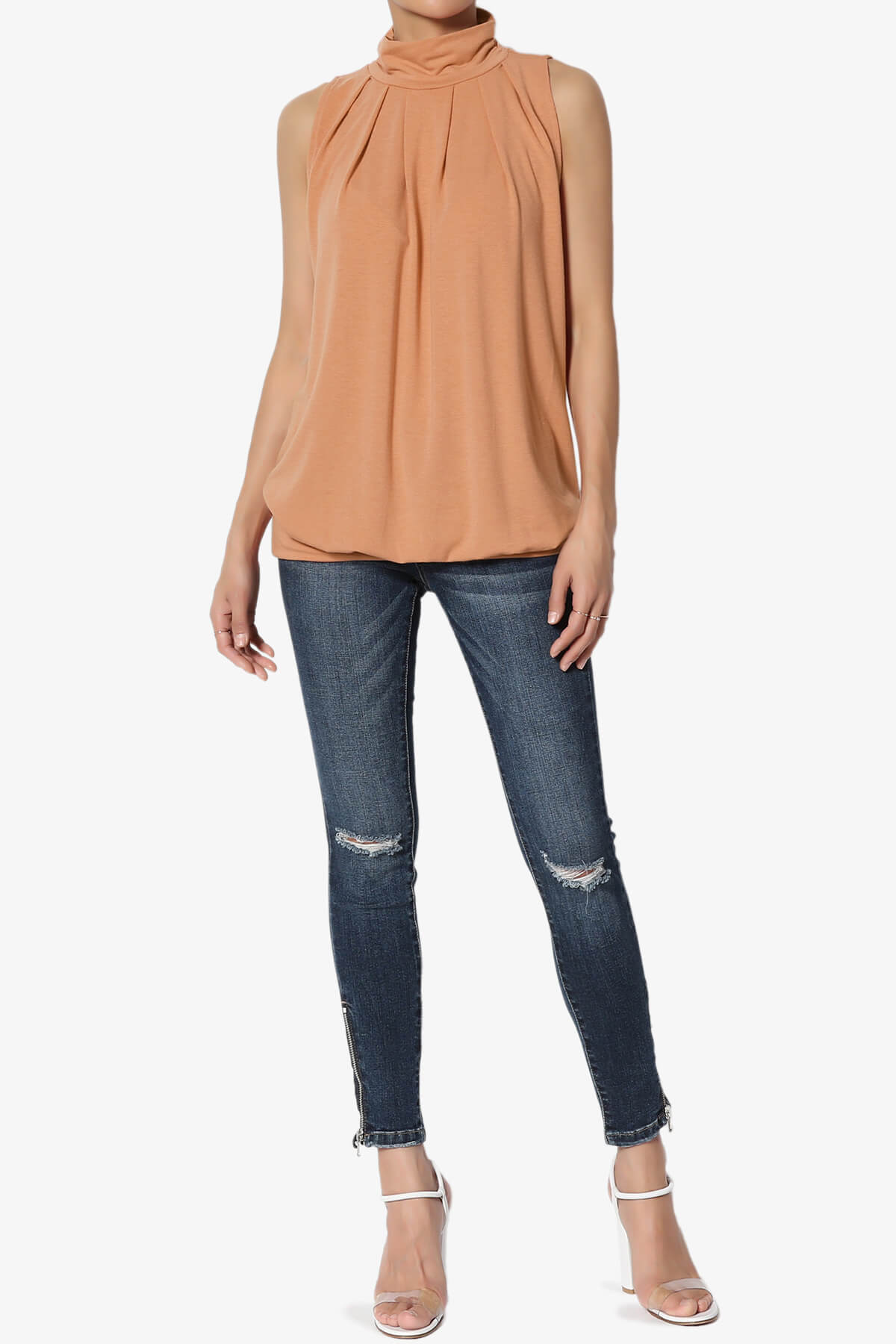 Jibbitz Sleeveless Mock Neck Pleated Top BUTTER ORANGE_6