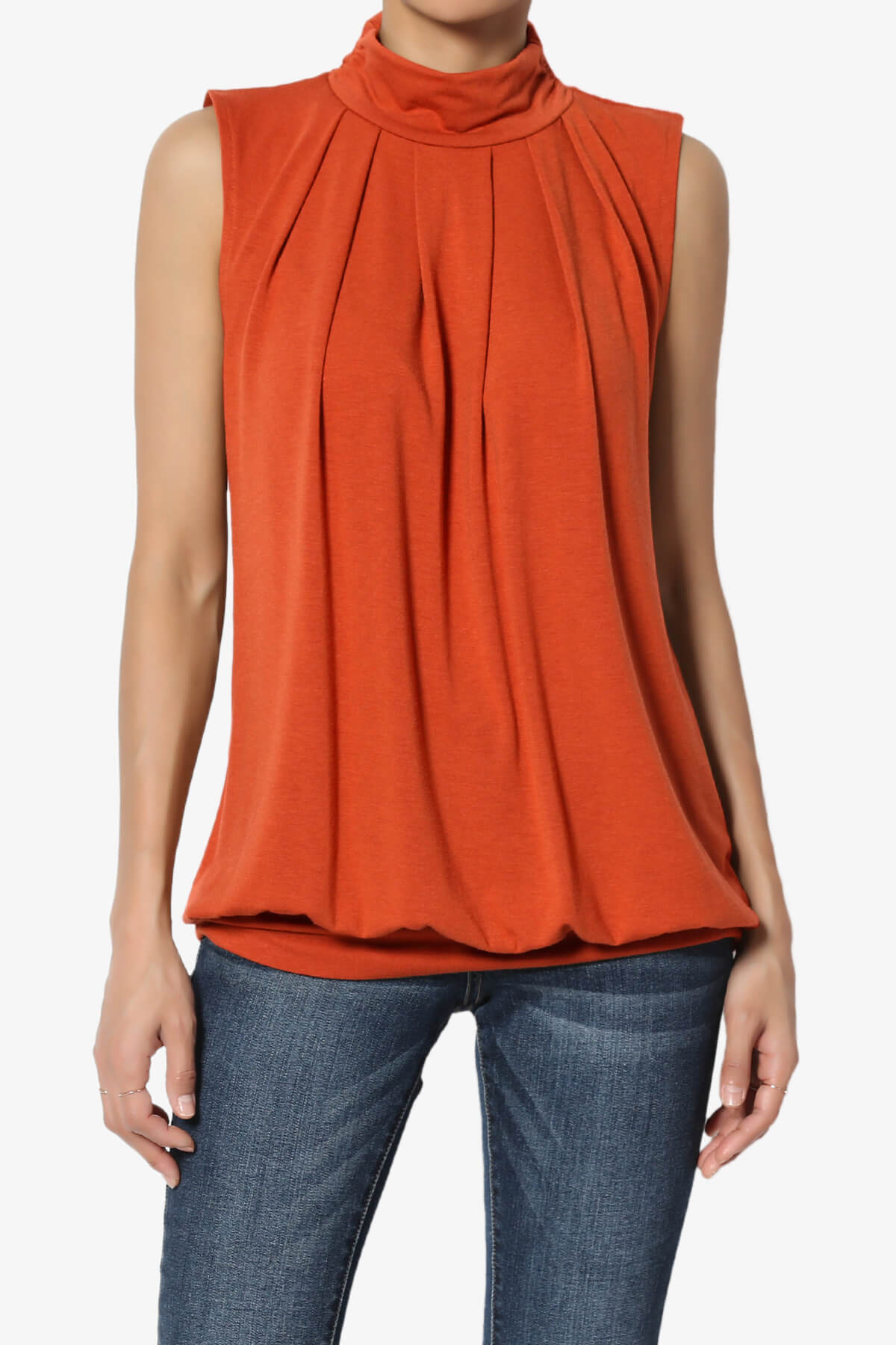 Jibbitz Sleeveless Mock Neck Pleated Top COPPER_1