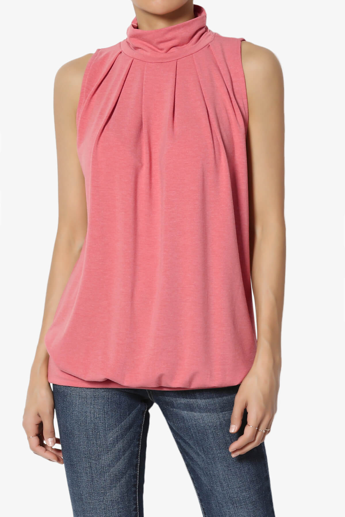Jibbitz Sleeveless Mock Neck Pleated Top DESERT ROSE_1