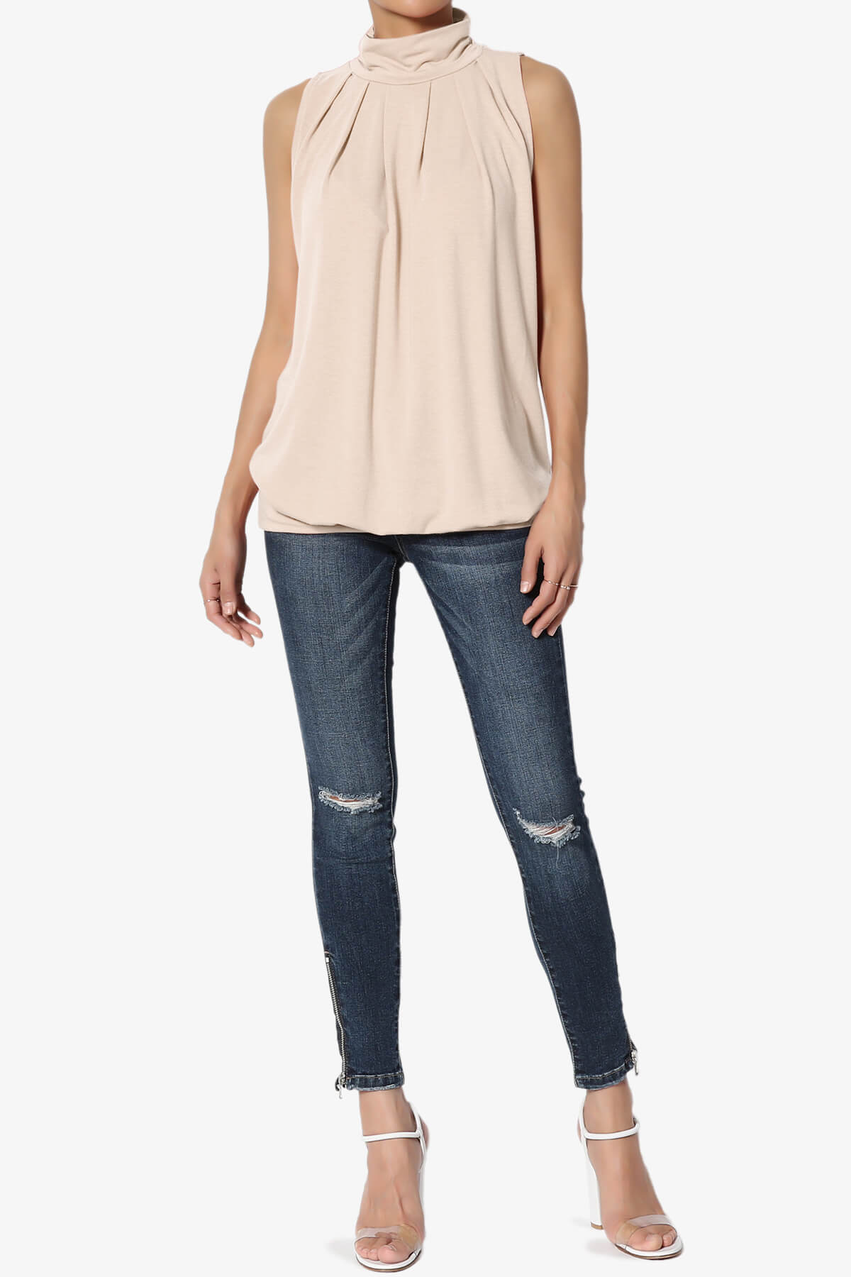 Jibbitz Sleeveless Mock Neck Pleated Top DUSTY BLUSH_6