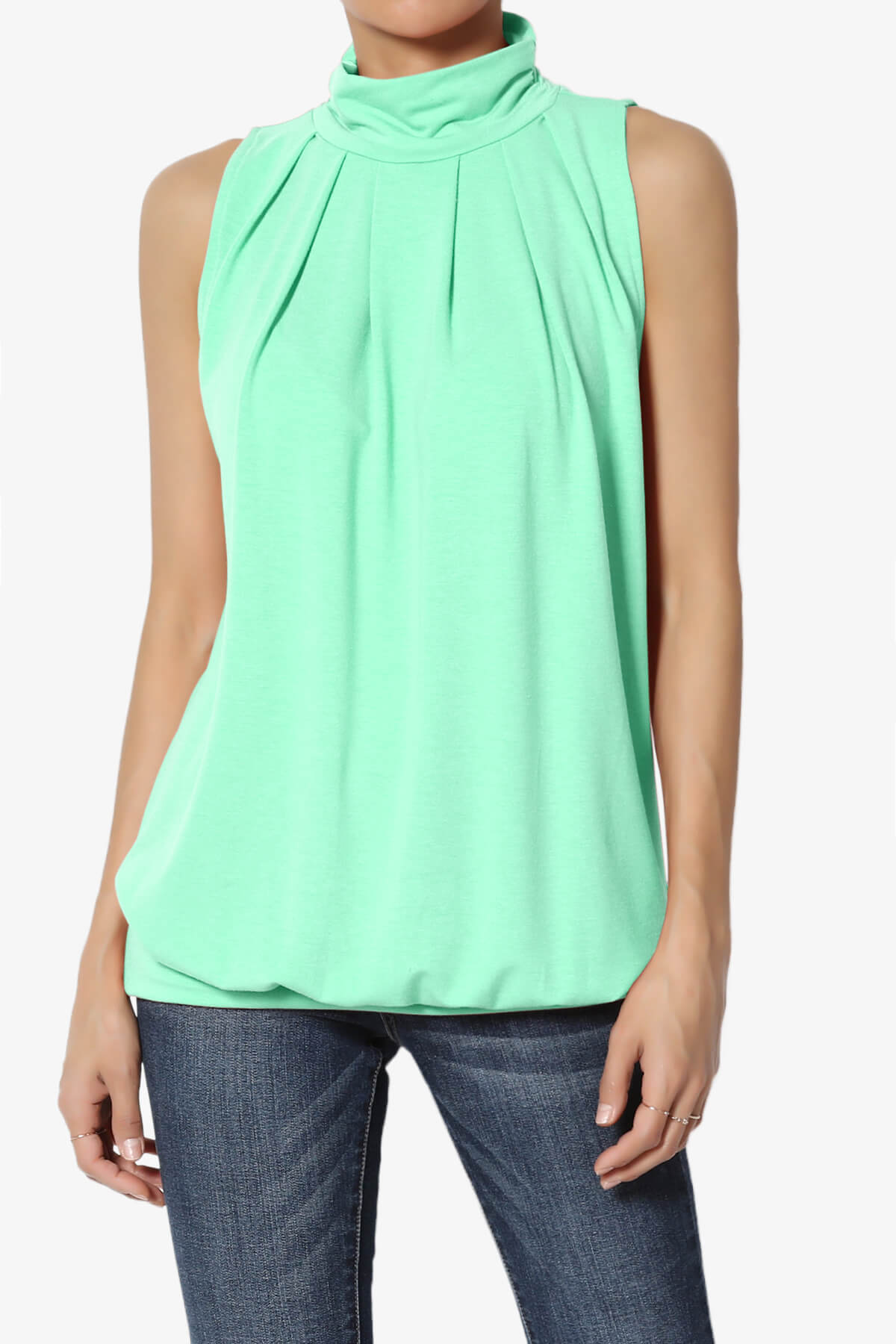 Jibbitz Sleeveless Mock Neck Pleated Top GREEN MINT_1